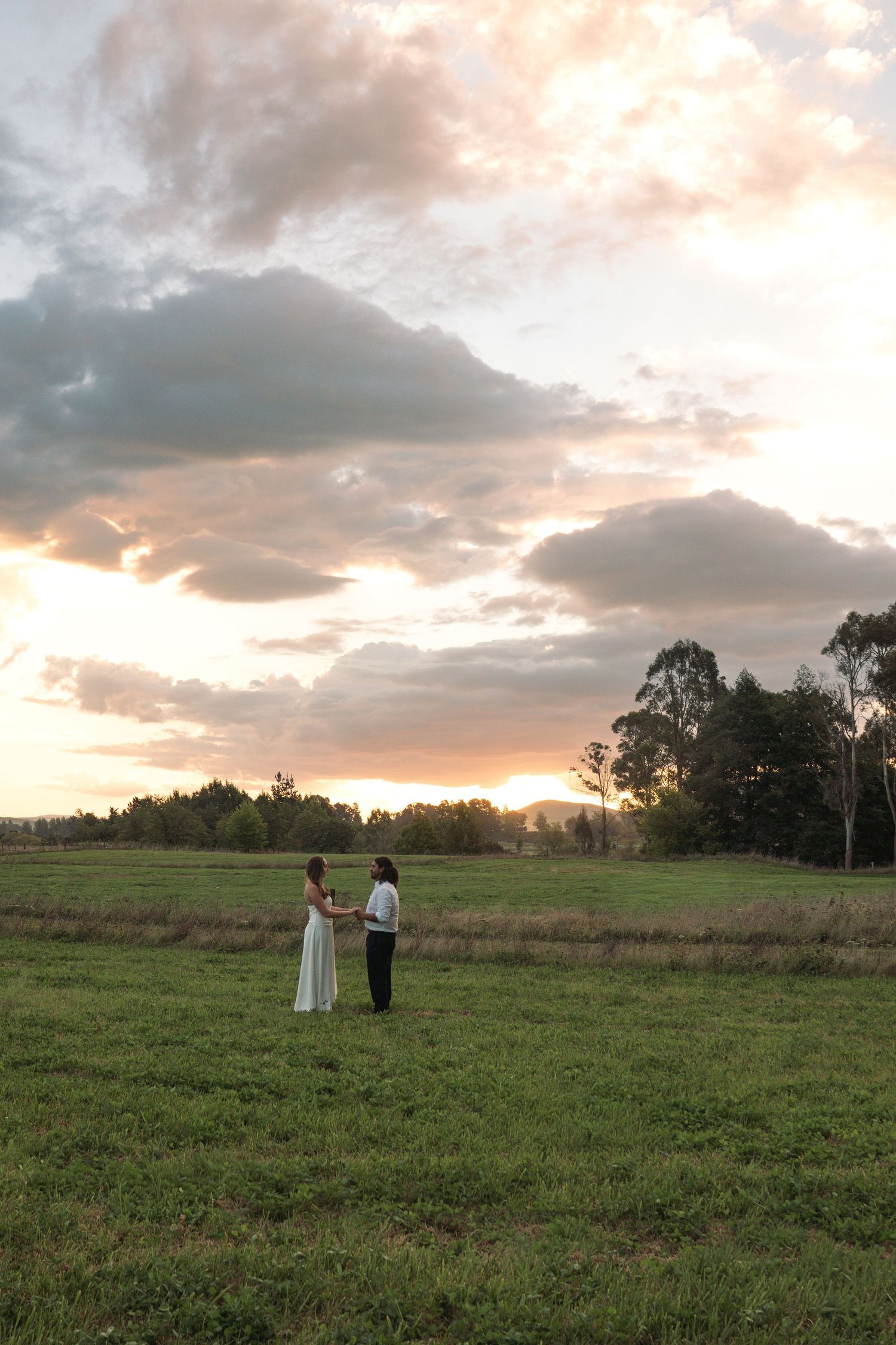 Couple holding hands in a green field at sunset with dramatic cloudy sky and trees in the background.
