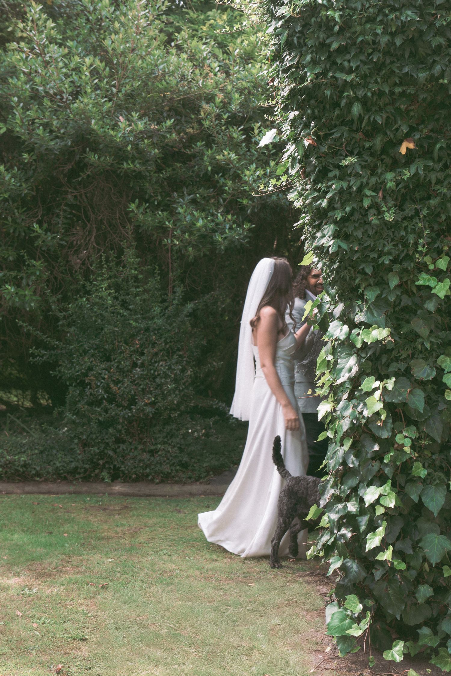 Bride in white gown and veil stands beside groom near ivy-covered wall in lush green garden setting.