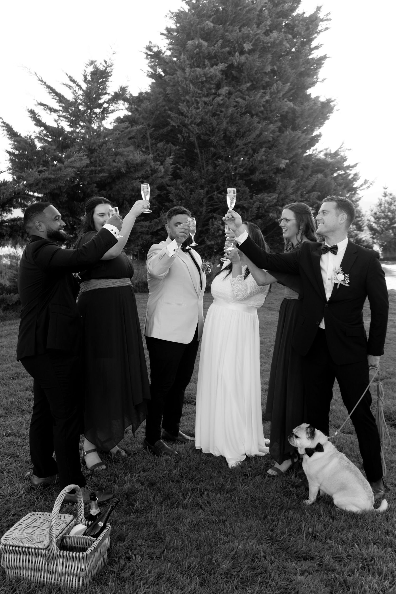 Wedding party in black and white poses playfully outdoors with picnic baskets.