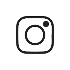 Black and white Instagram logo icon with rounded square border, circle lens, and dot on white background.