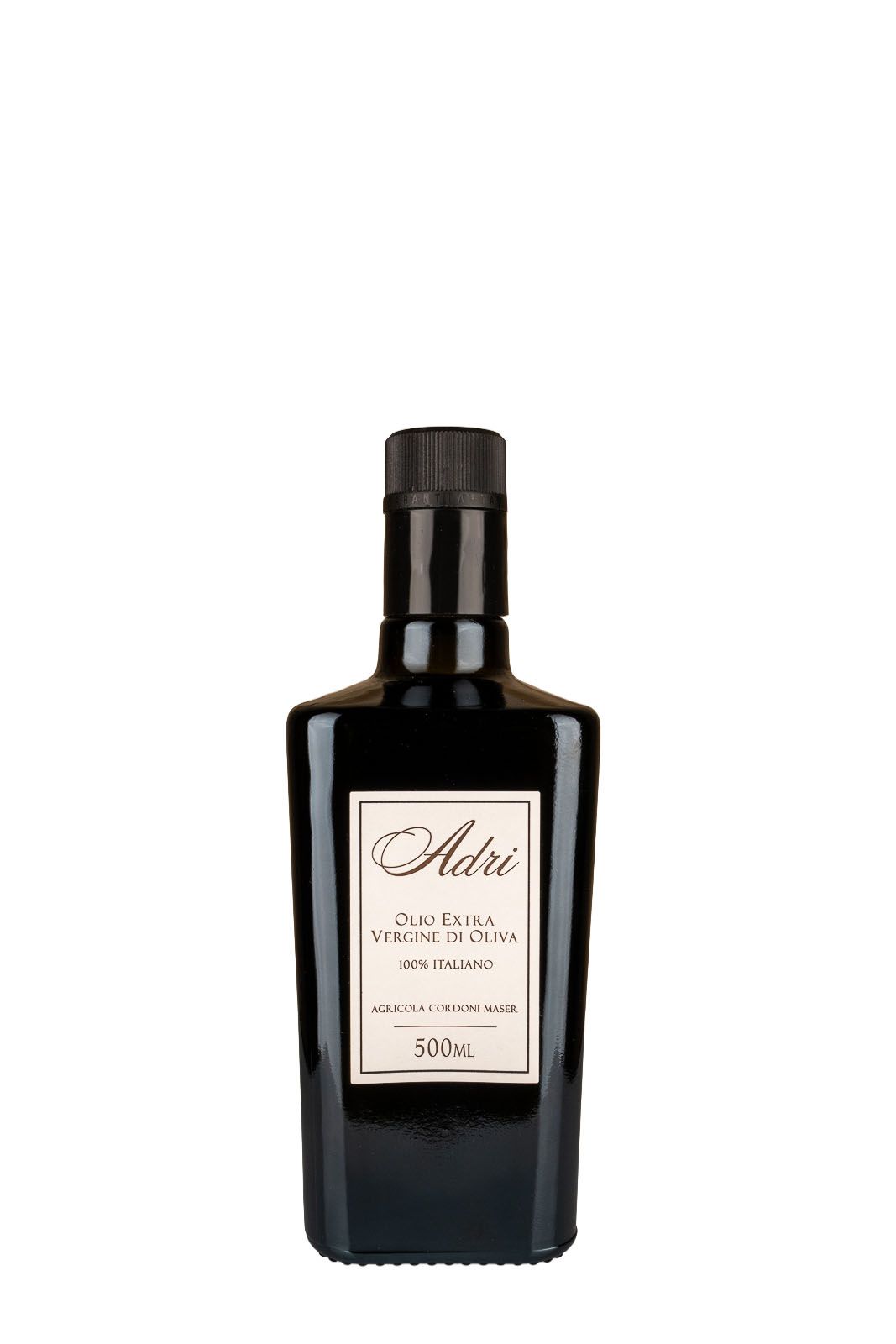 Three dark glass bottles with minimalist black and white labels arranged in a row.