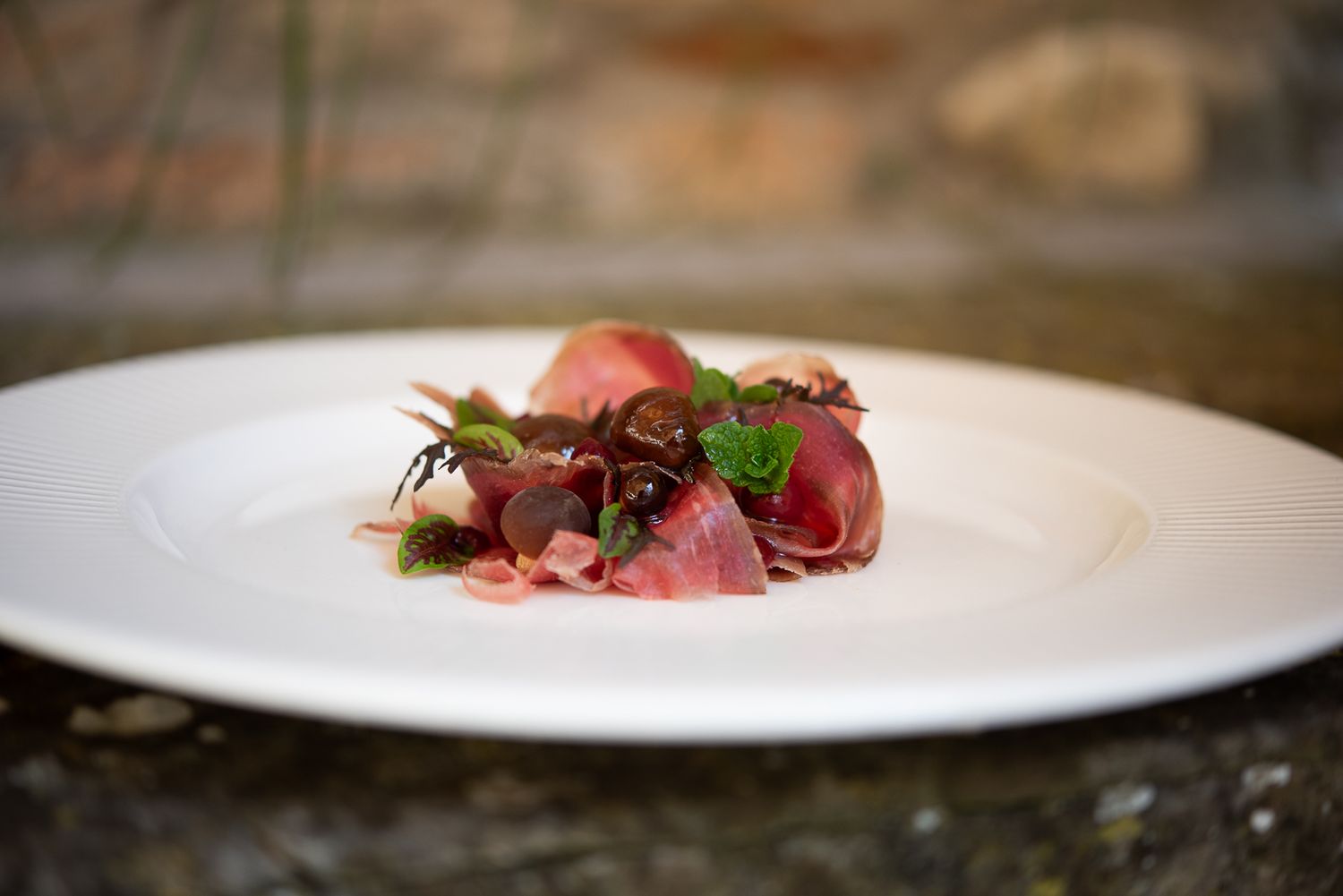 Fine dining dish with thinly sliced red meat and microgreens on white plate.
