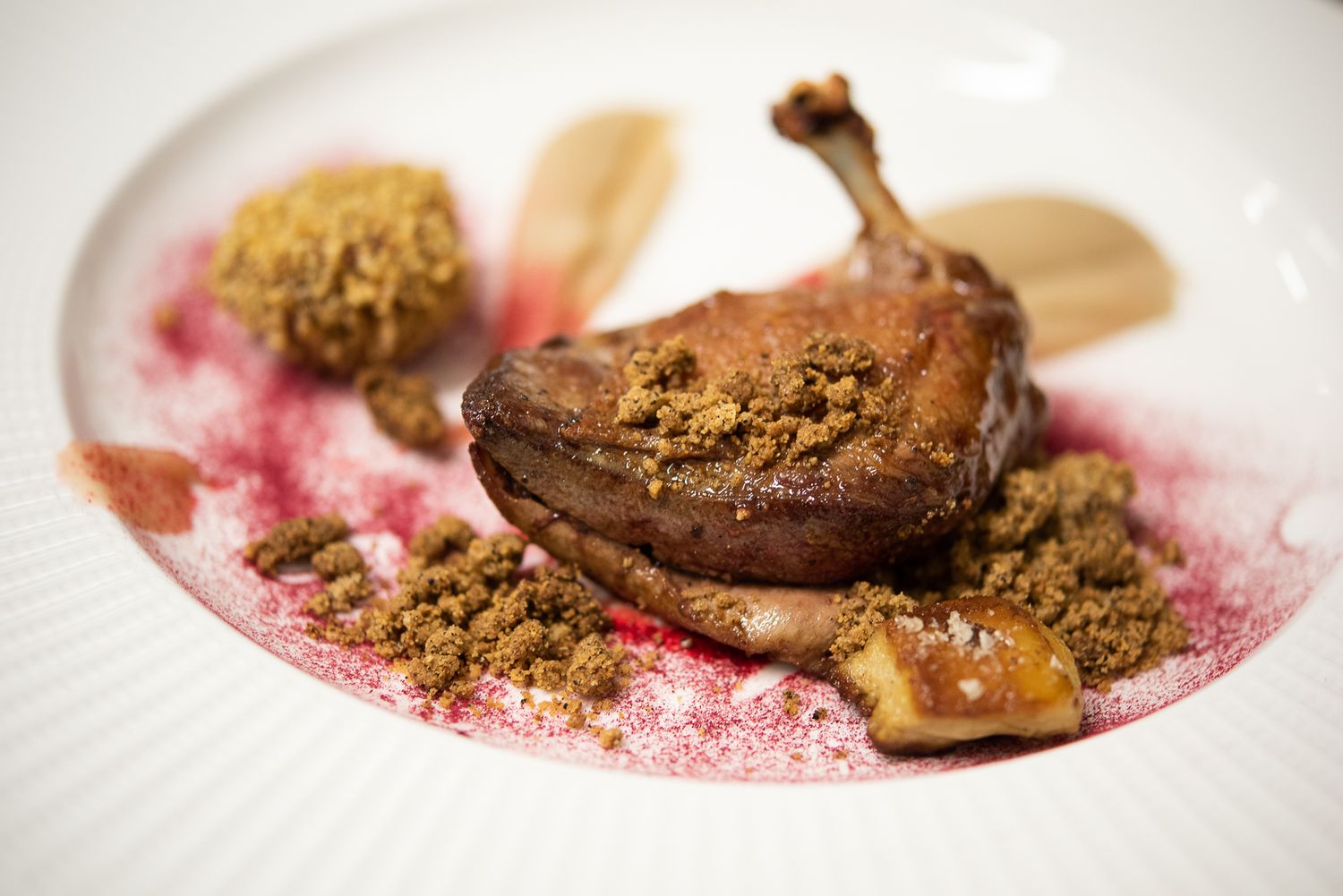 Chocolate dessert with red sauce and crumble on elegant white plate.