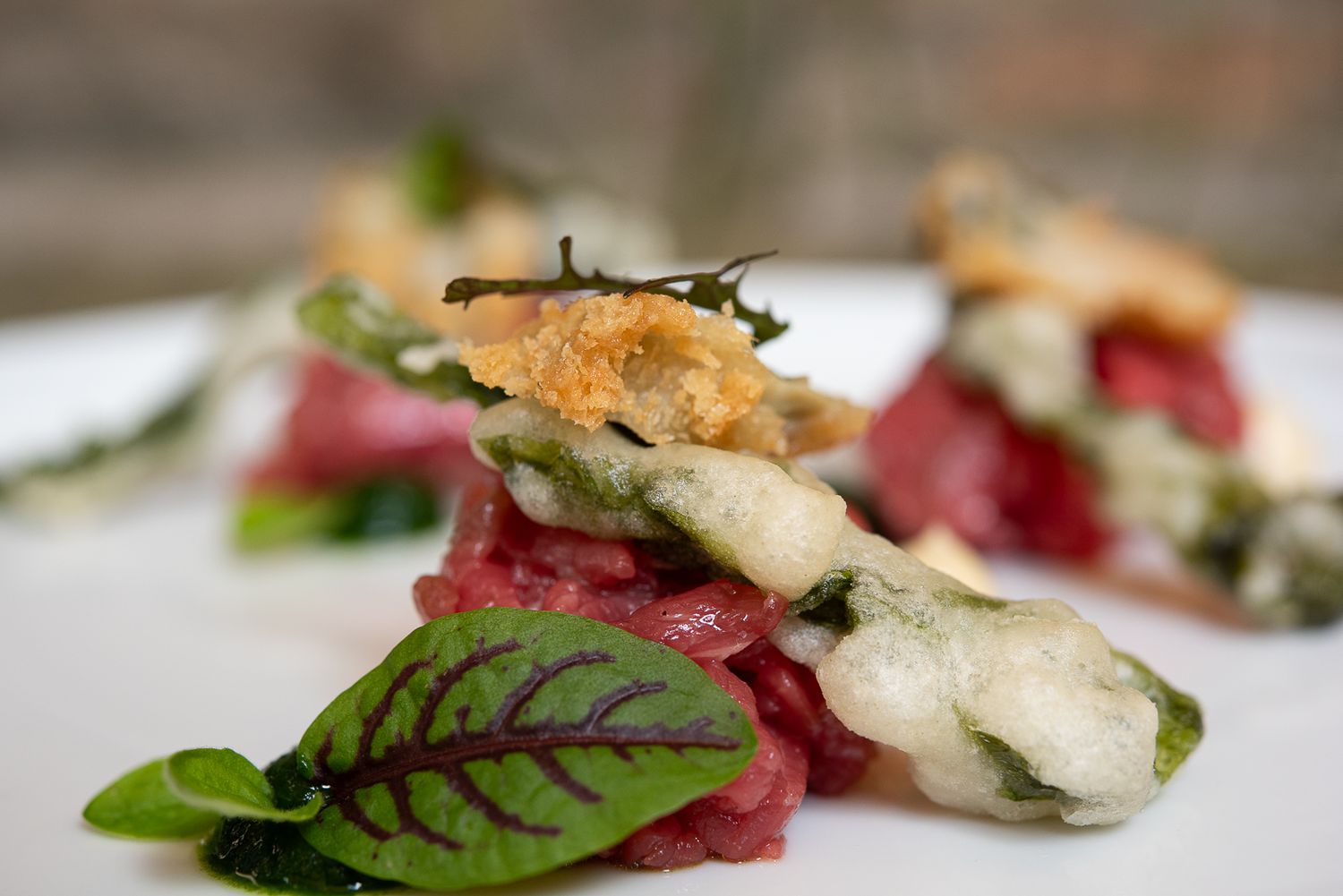 Elegant plated appetizer arranged in a modern presentation at Locanda del Capitano in Montone, Umbria
