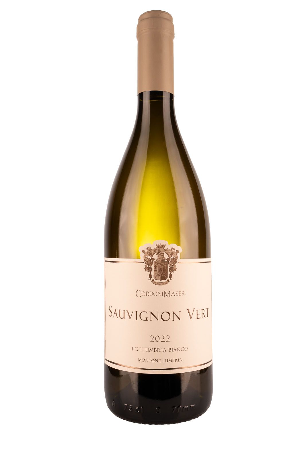 Three elegant wine bottles with light colored labels and golden hues displayed against a white background.