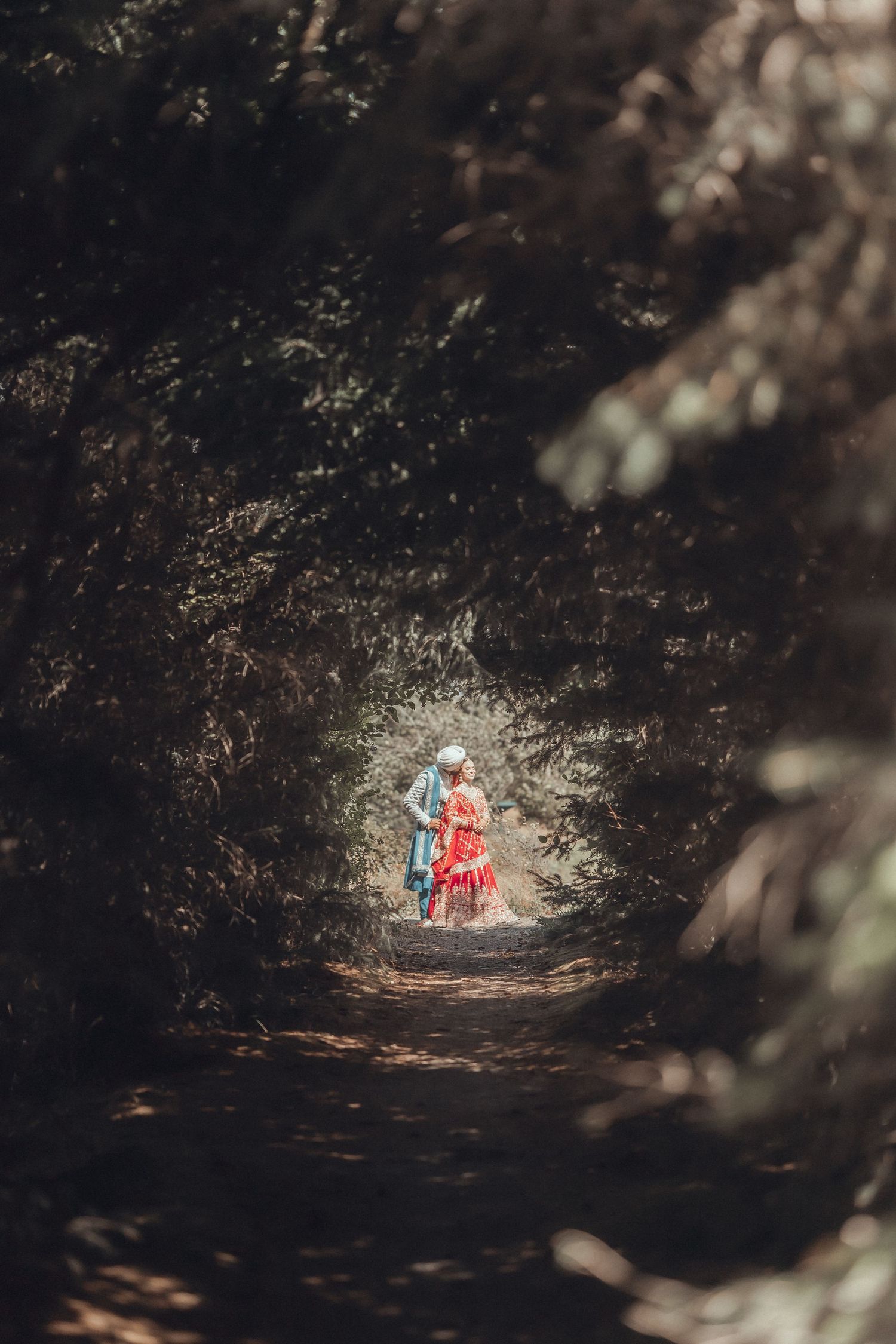 A bright red dress stands out against a dark, moody forest path creating a striking contrast in natural lighting.