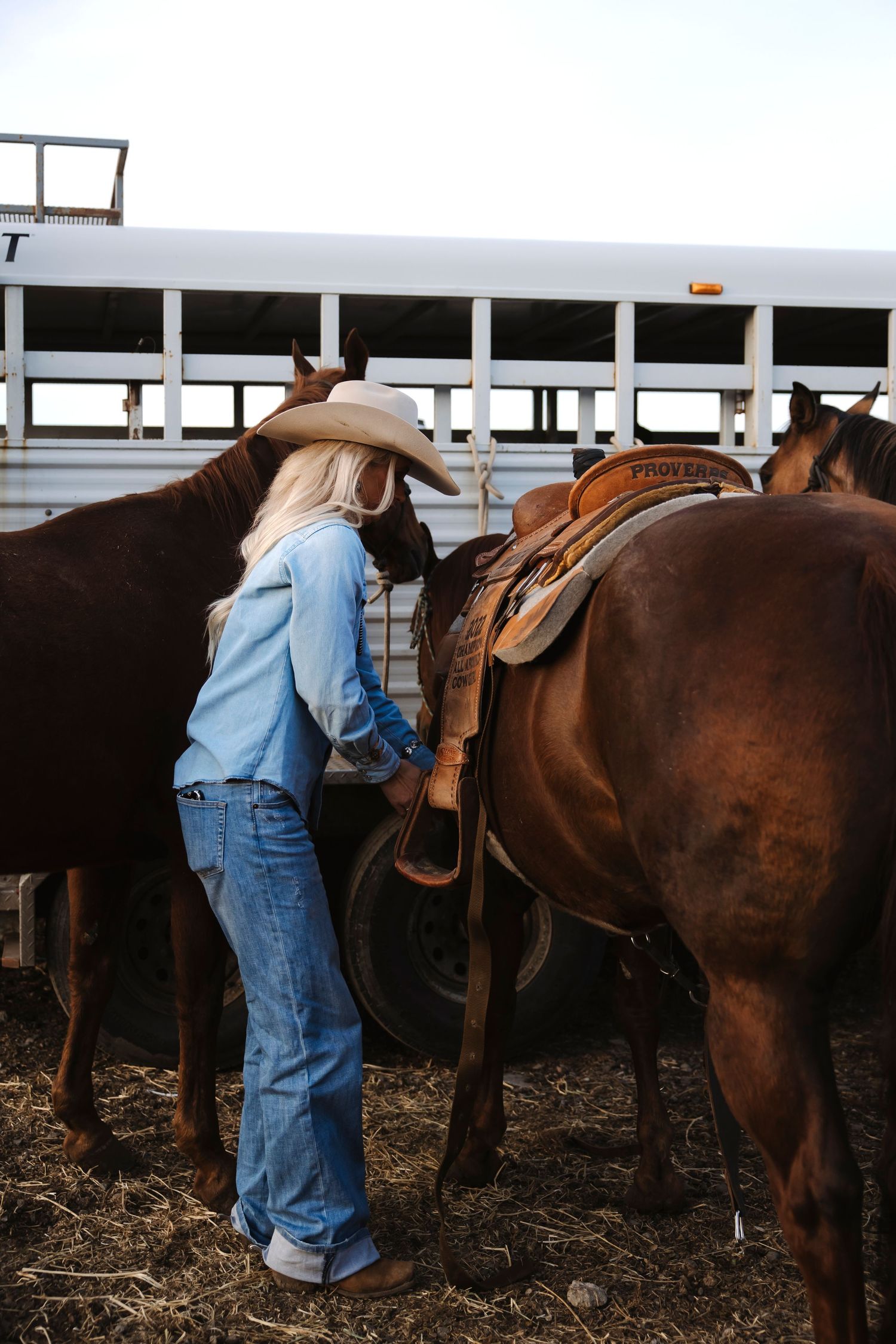 Blonde cowgirl in white hat and jeans saddling a brown horse near a livestock trailer outdoors.