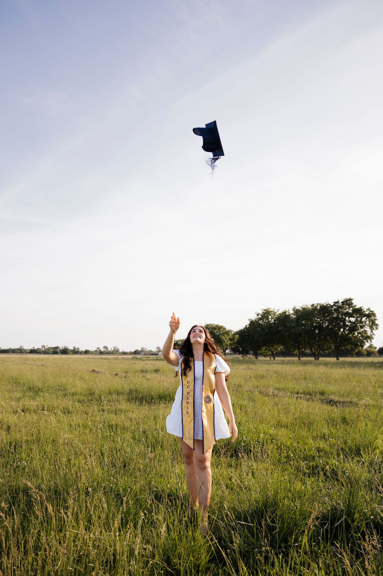 Graduate tosses cap in air while standing in sunlit meadow.