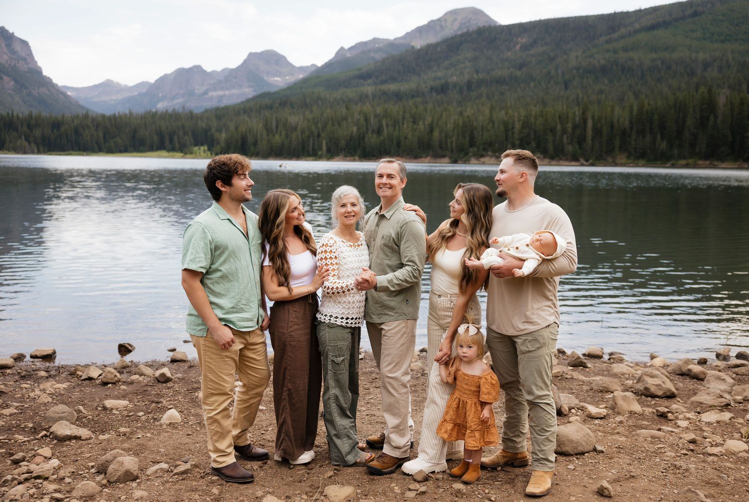 Group photo session by mountain lake with scenic mountain range in background.