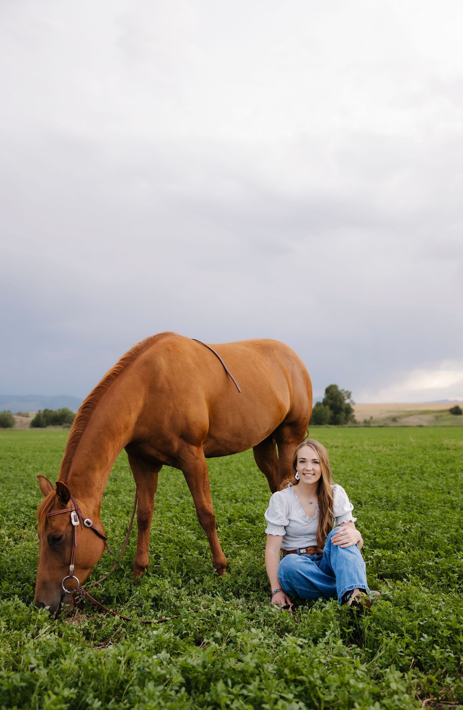 A chestnut horse feeds in a verdant pasture while someone sits nearby in denim.