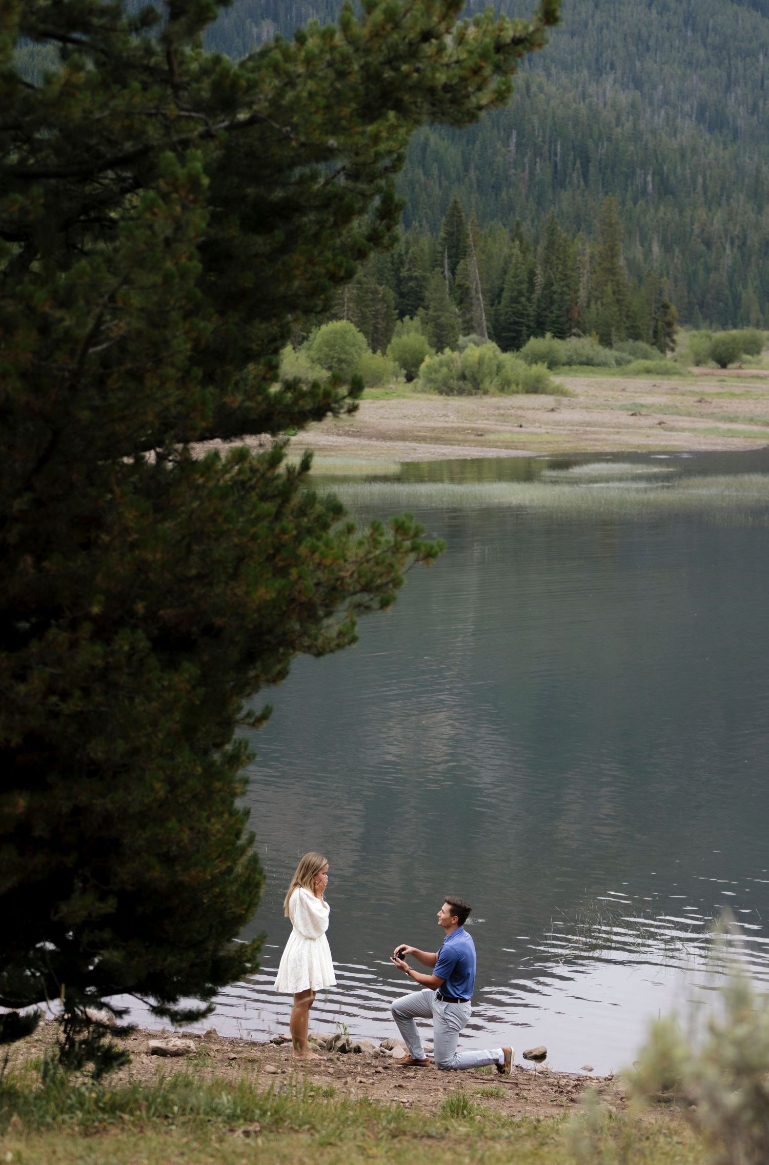 Surprise proposal in the mountains of Montana by a lake.
