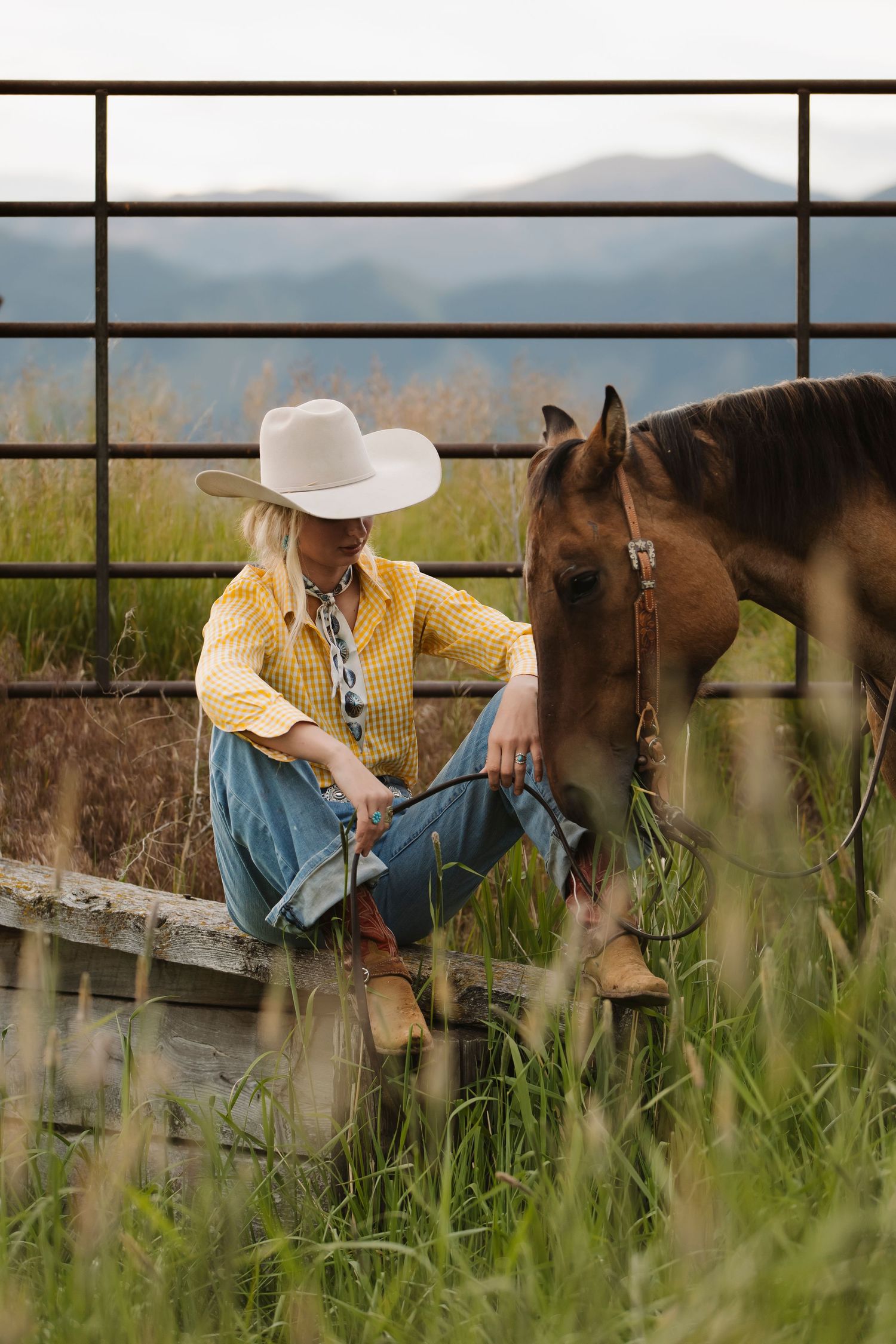 A cowgirl in a white hat and yellow shirt sits on a fence beside a brown horse in a lush green field.