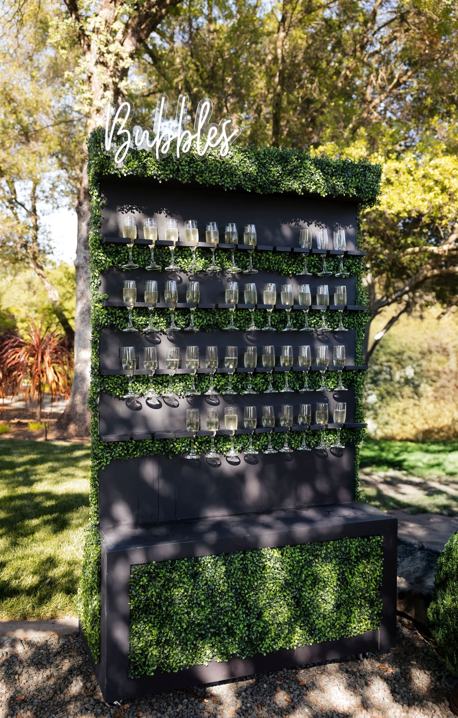Wedding champagne wall display with greenery backdrop and 'Bubbles' text in neon lights.