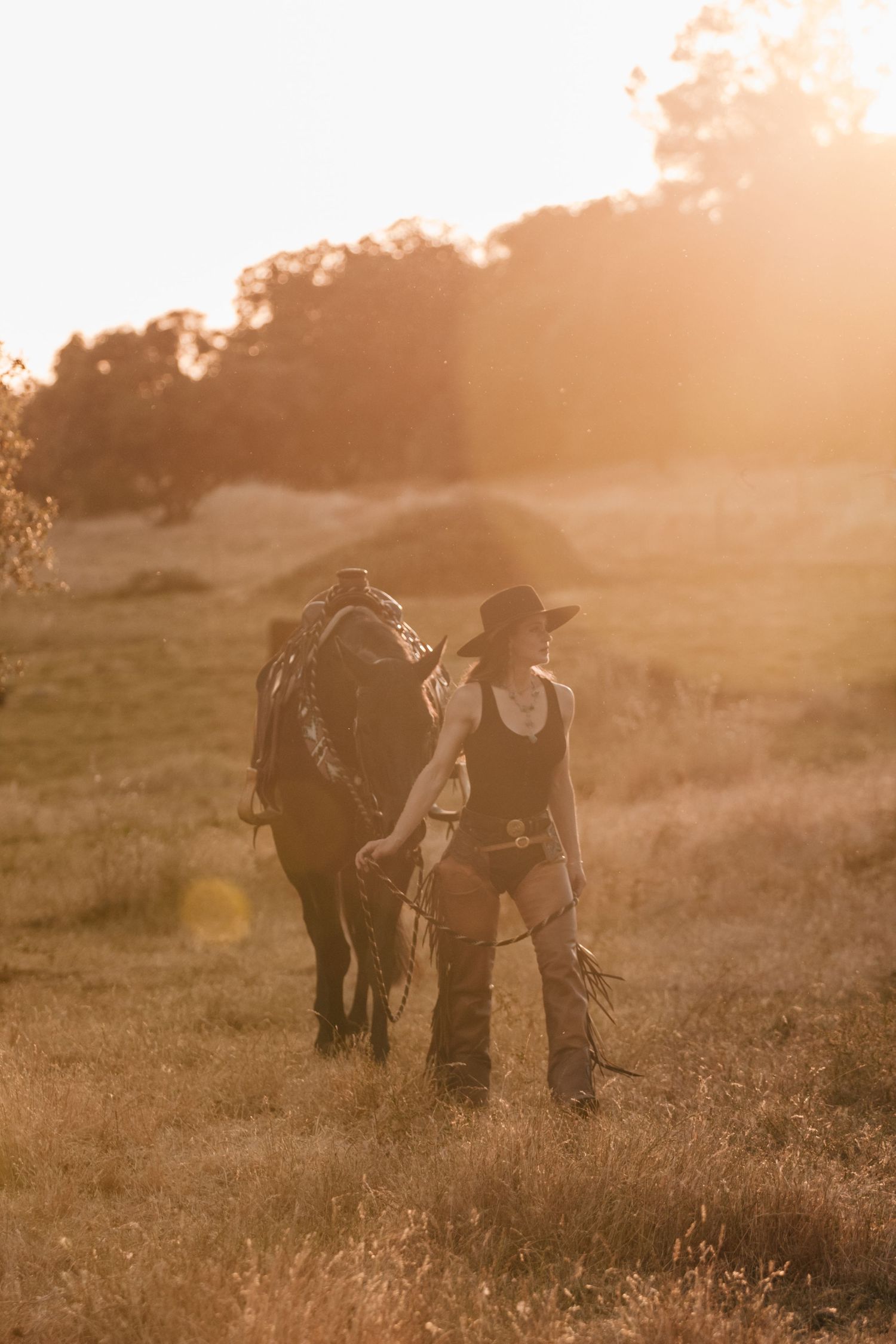 Cowgirl with a horse in a golden sunset-lit field.