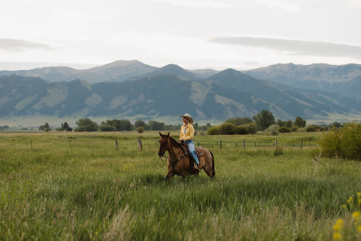 Woman riding a brown horse through a lush green meadow with scenic mountain range in the background.