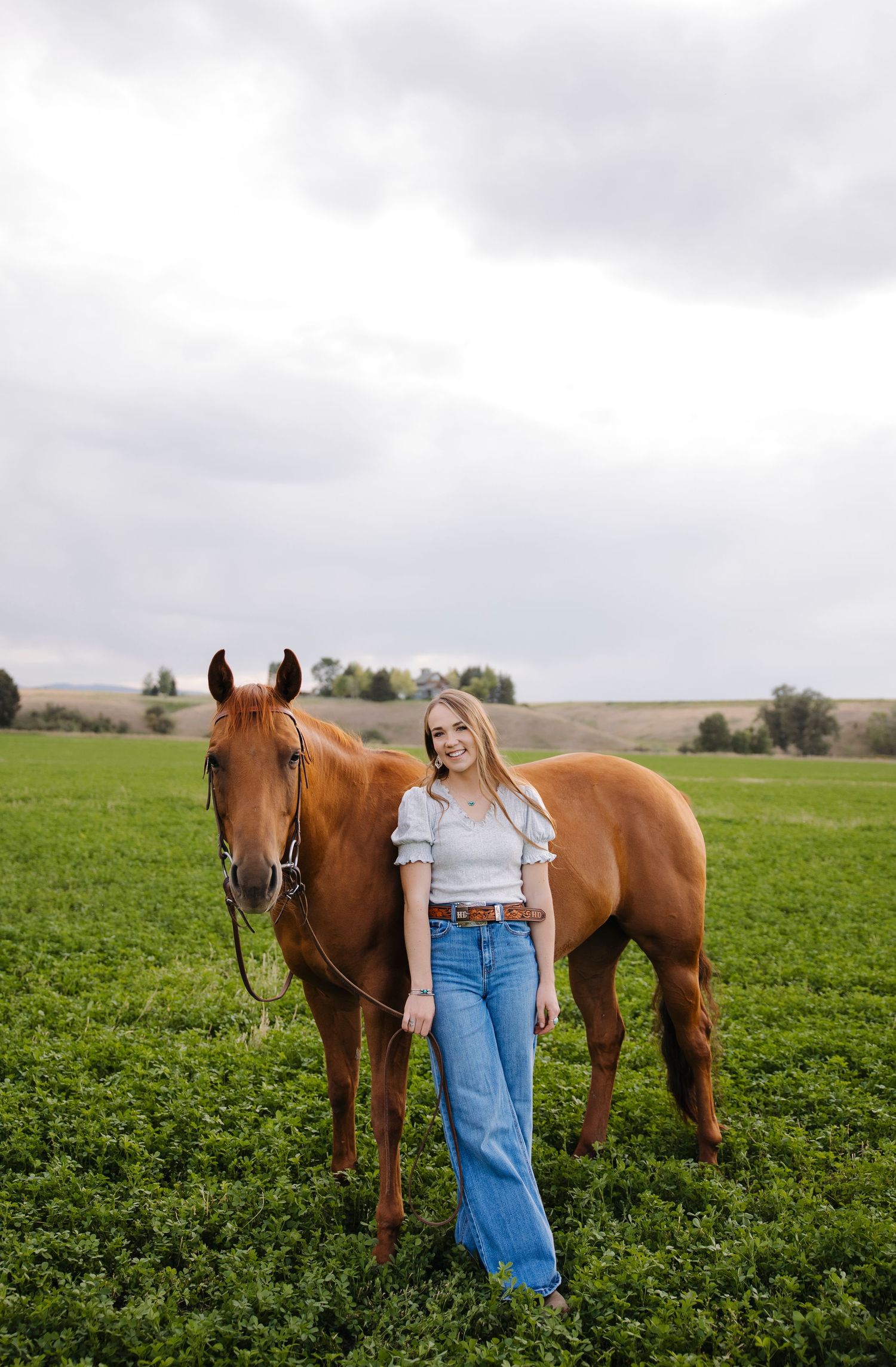 Two chestnut horses stand in a lush green field while being photographed on an overcast day.