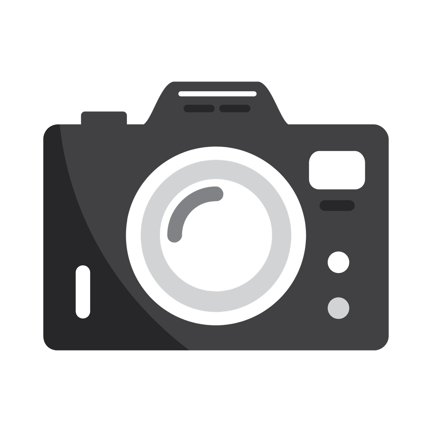 Flat design dark gray DSLR camera icon with lens and viewfinder on white background.