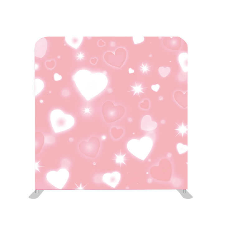 Pink backdrop with floating heart and star pattern design.