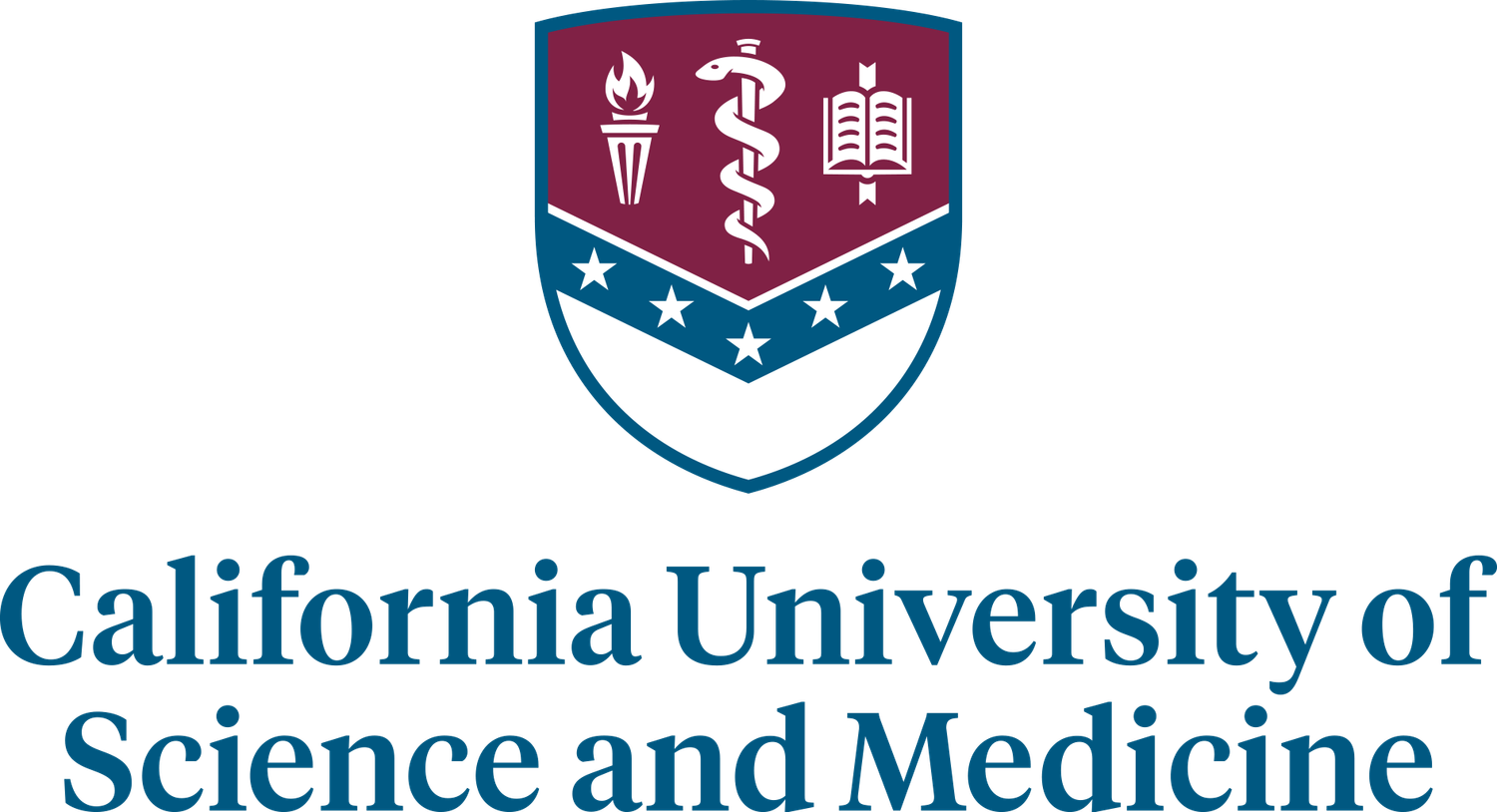 Medical university logo featuring a shield emblem with caduceus symbol and text reading California University of Science and Medicine.