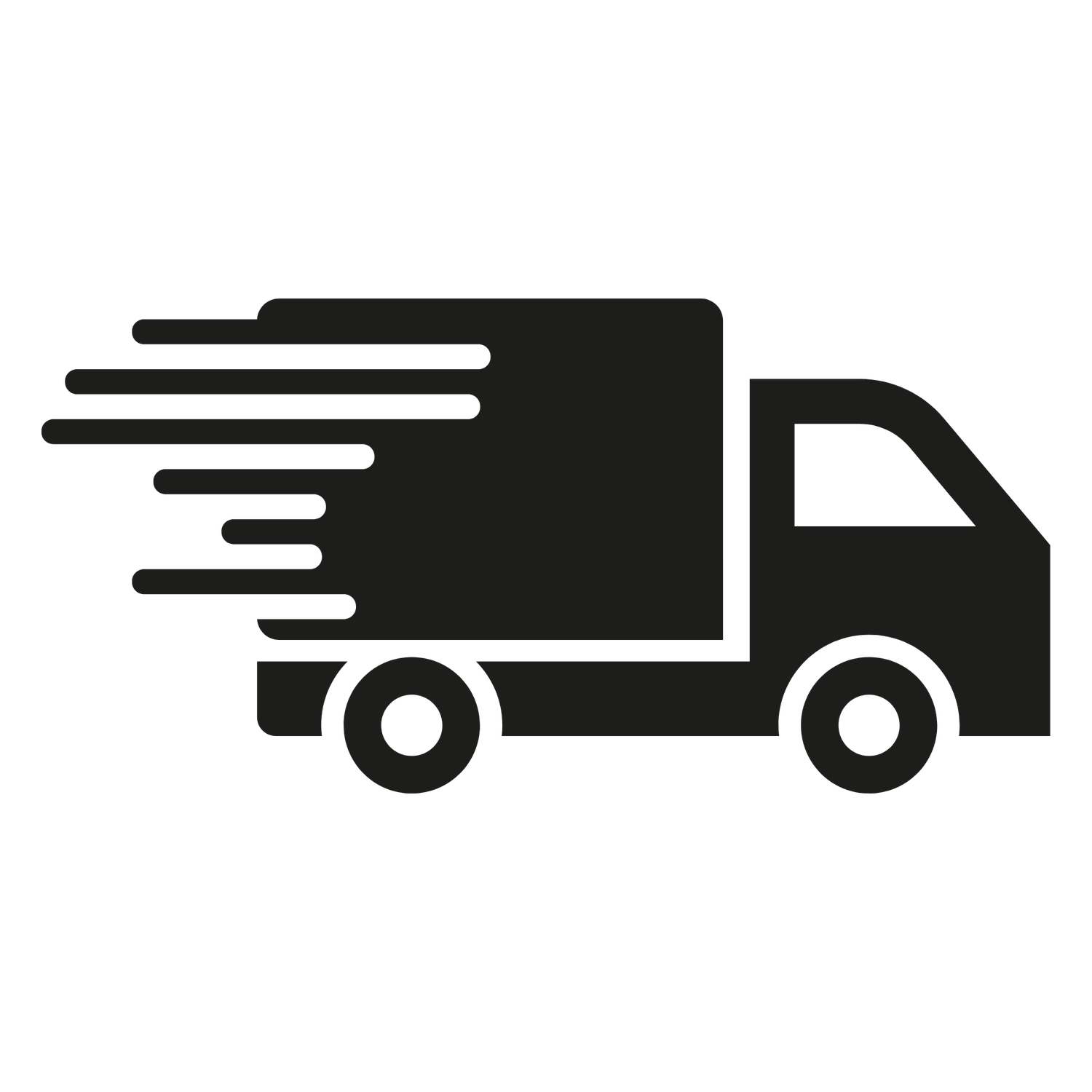 Fast delivery truck icon in black silhouette with speed lines, symbolizing quick shipping and express courier service.