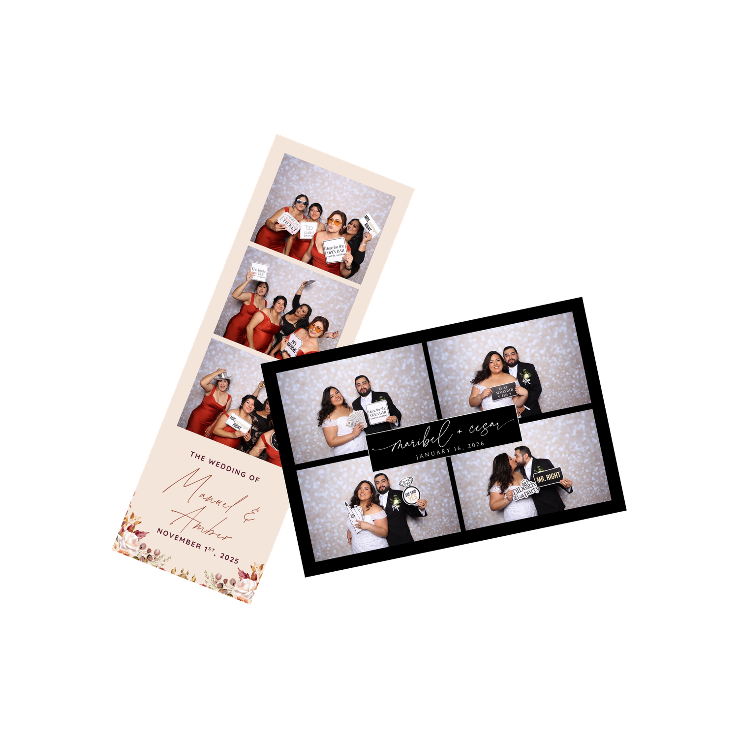 Multiple photo prints and cards scattered in a diagonal arrangement on a white background showing family portraits and memories.
