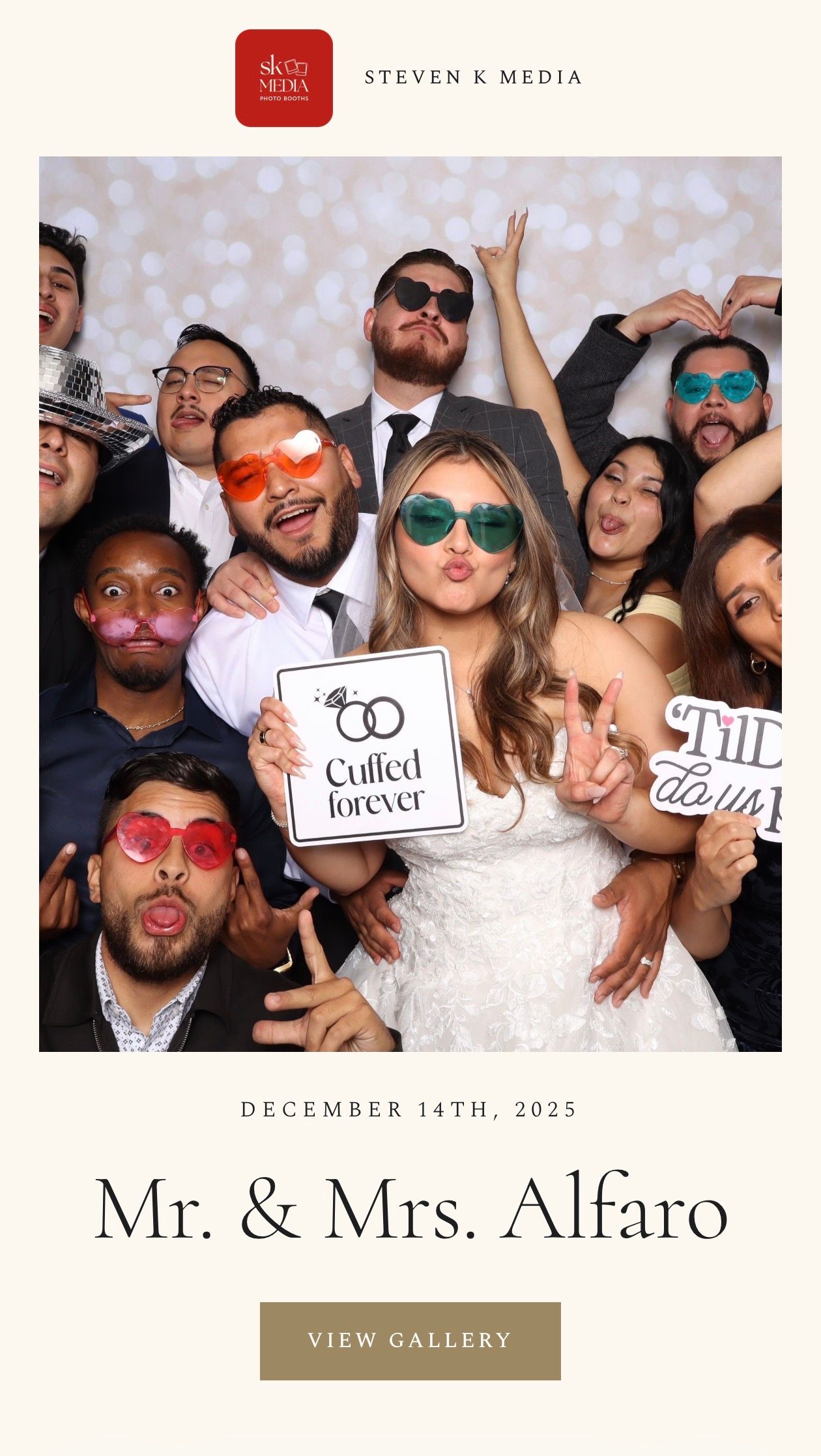 A collage of photo booth style images showing wedding guests posing with props and signs at a celebration.
