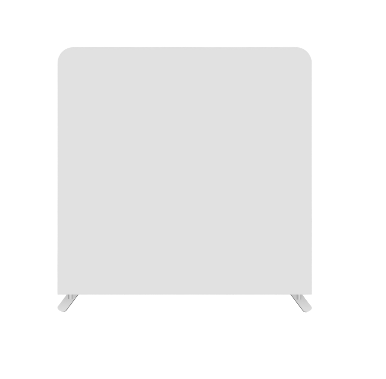 White backdrop display with metal support feet at bottom.