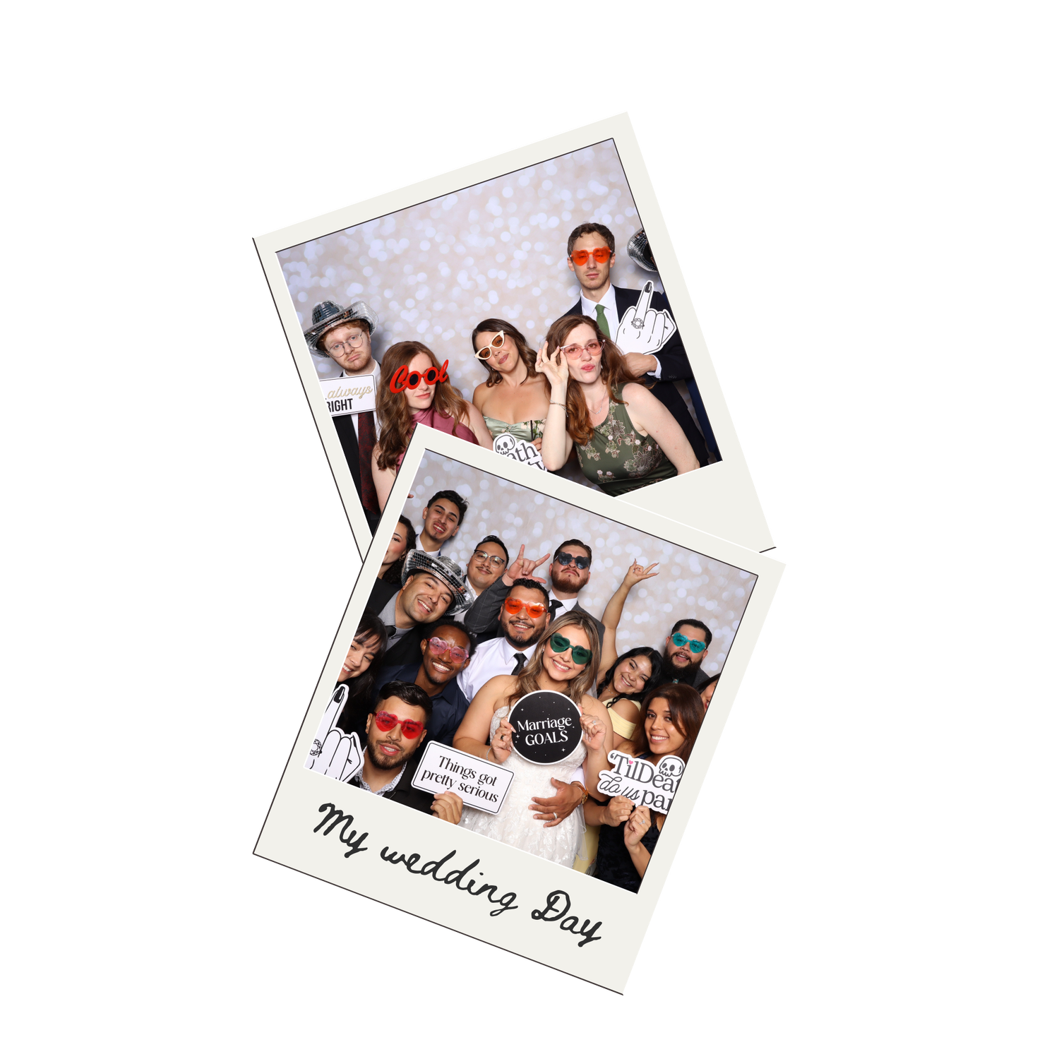 Two overlapping polaroid-style photo frames with wedding day celebration snapshots showing groups posing together.