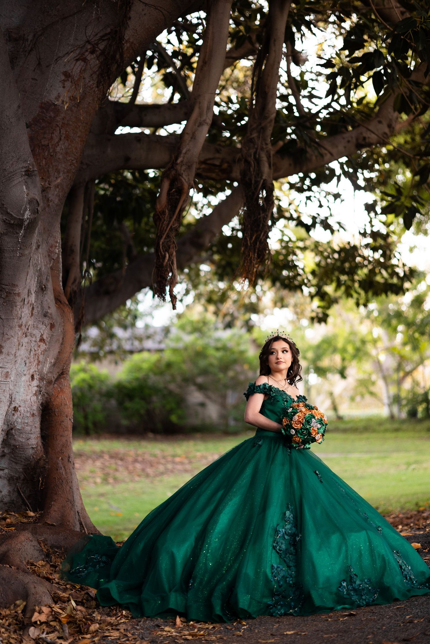 Elegant emerald ball gown with full skirt spreads across fallen leaves beneath towering trees.