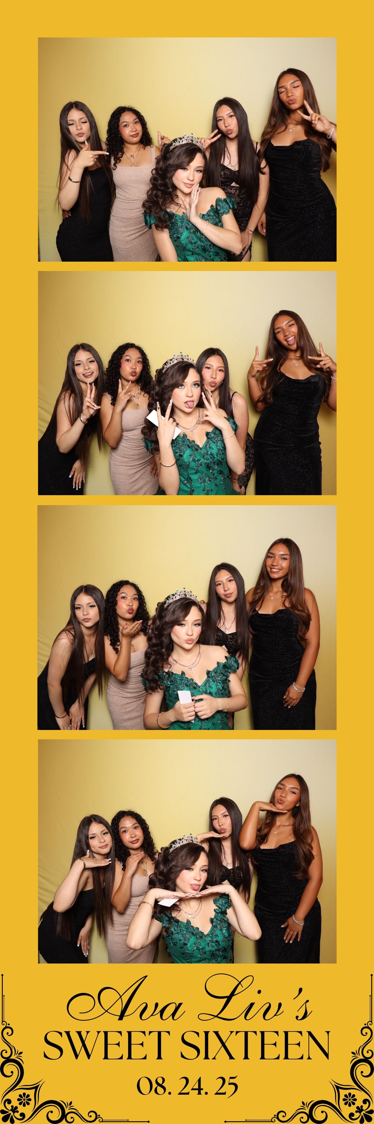 Photo booth strip showing friends posing and making silly faces at a Sweet Sixteen party celebration on August 24th.