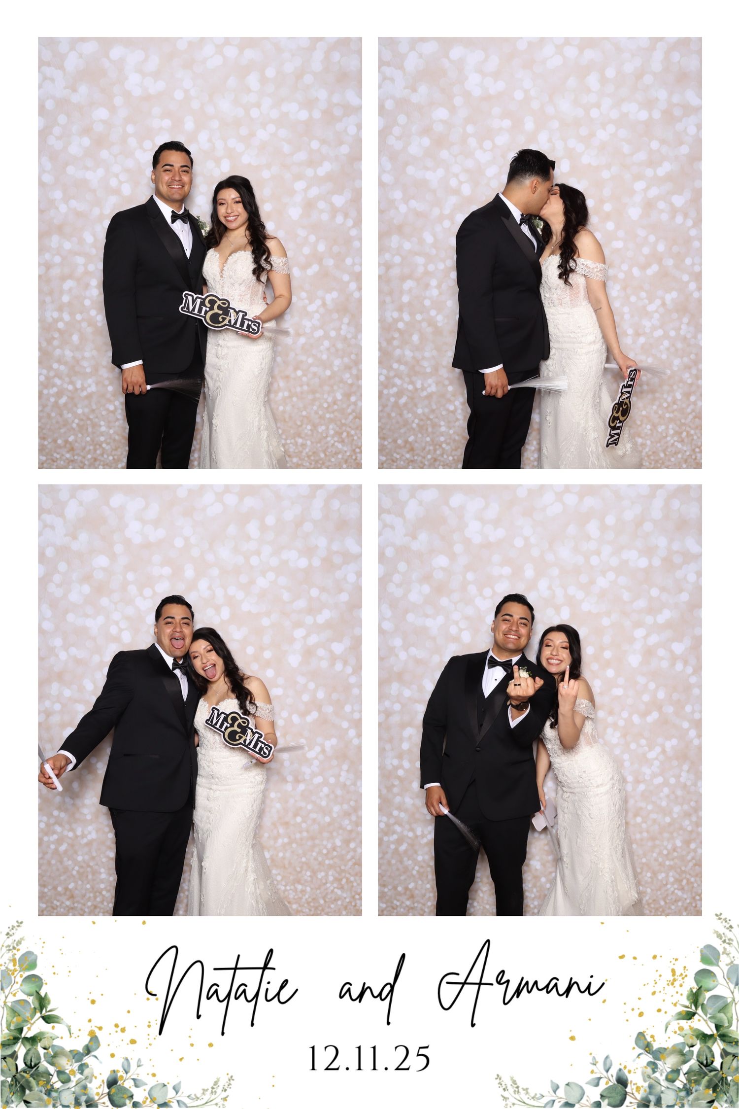 A couple poses playfully in a photo booth sequence against a sparkly backdrop with their wedding date 12.11.25 displayed.