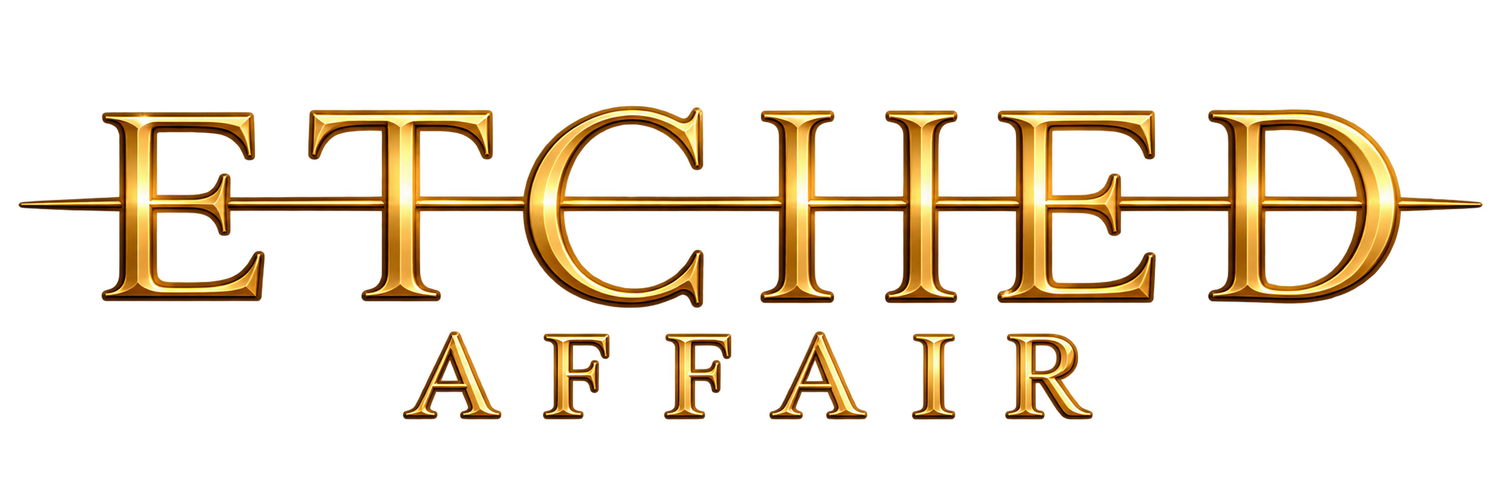 Gold ornate logo for Etched Affair featuring elegant serif typography with decorative metallic styling on a white background.