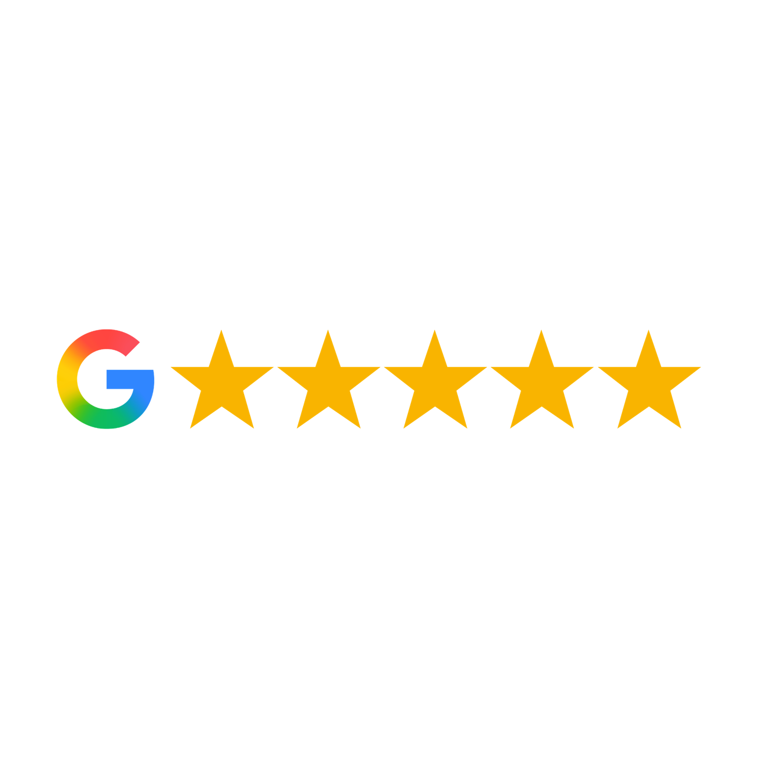 Google five-star rating logo featuring the colorful Google G icon alongside five golden stars on a white background.