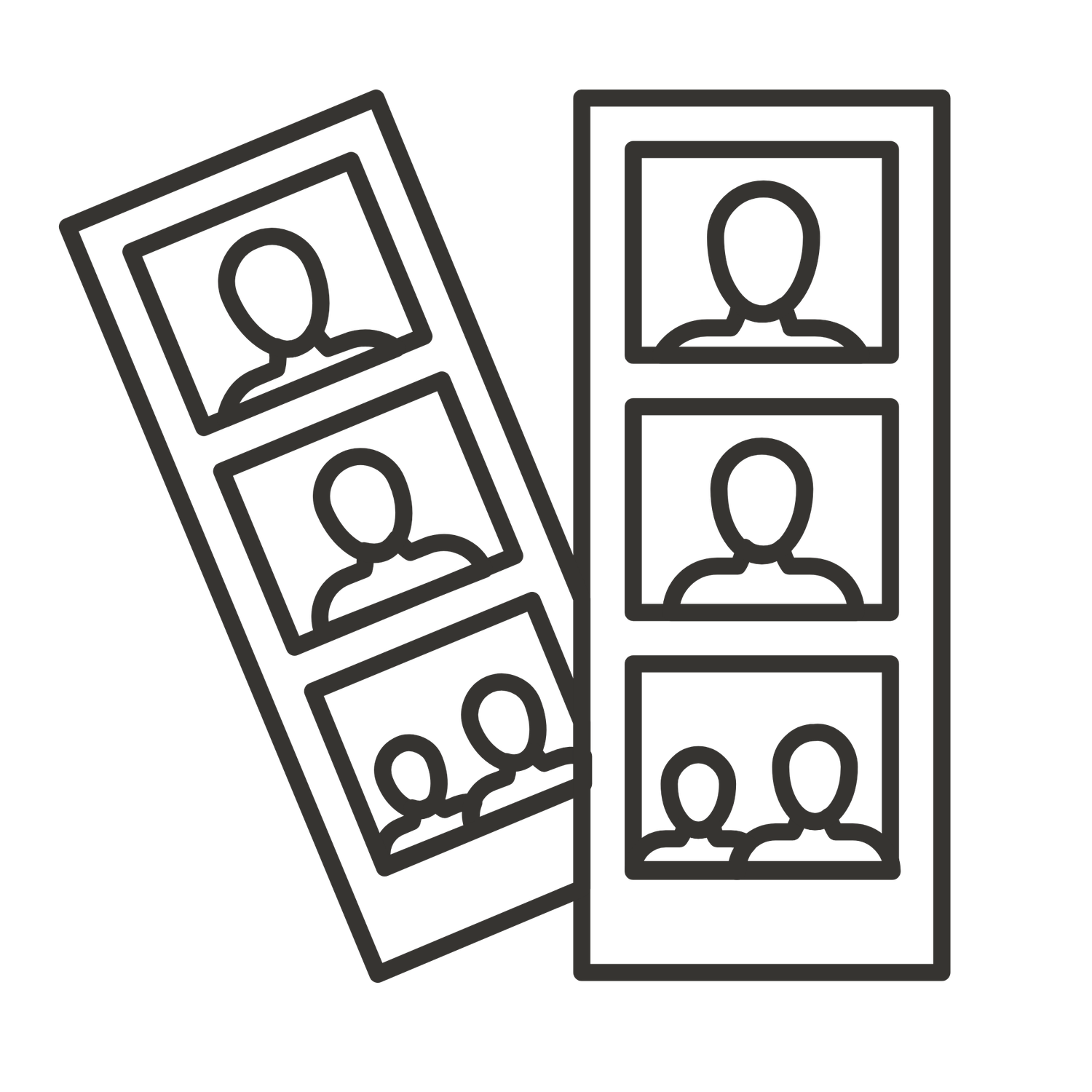 Two photo booth strips with portrait photos showing individuals and groups in a minimalist line art style.