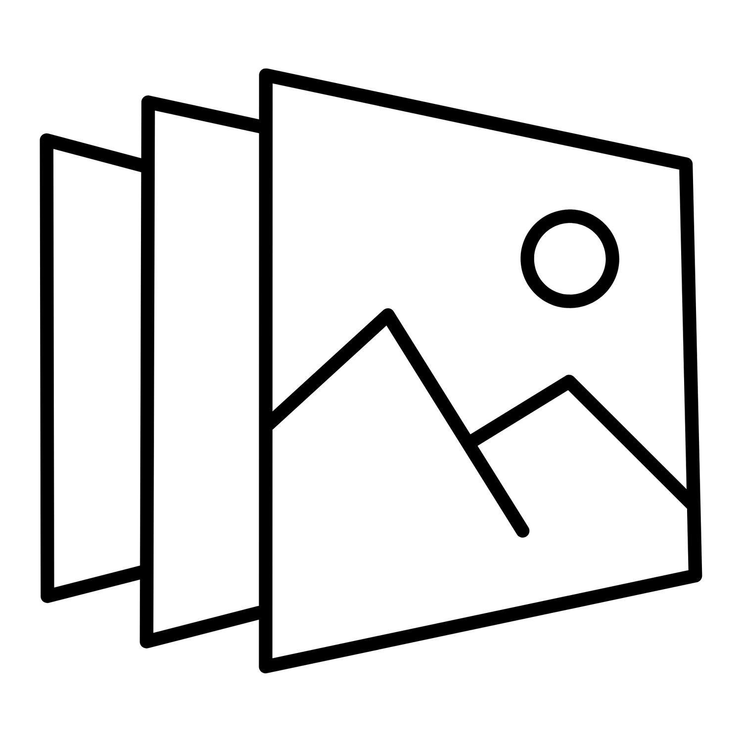 Black and white line art icon depicting multiple overlapping photo frames with mountain landscape and sun symbol.