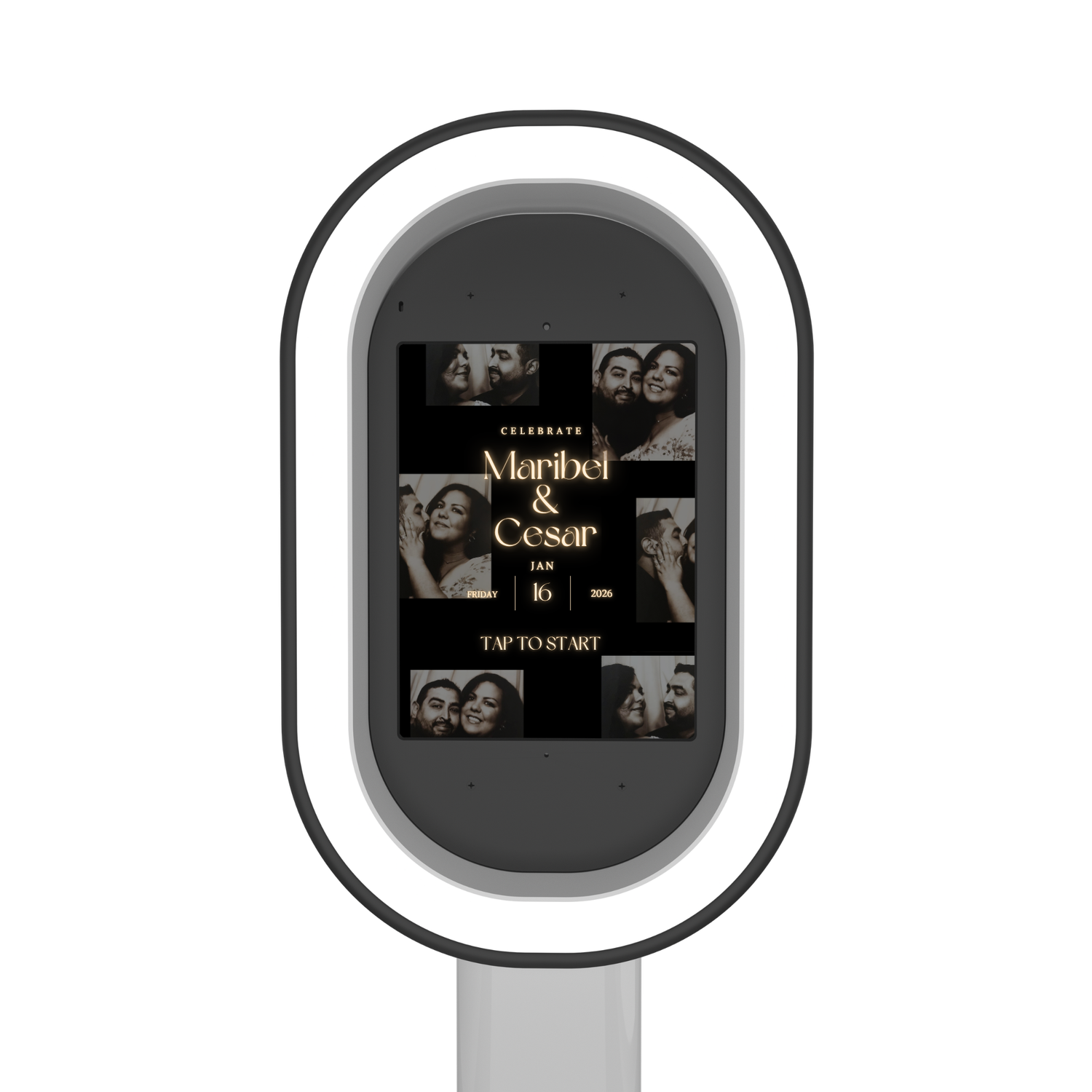 Elegant photo booth kiosk with ring light displaying Maribel & Cesar celebration event screen with photo collage.