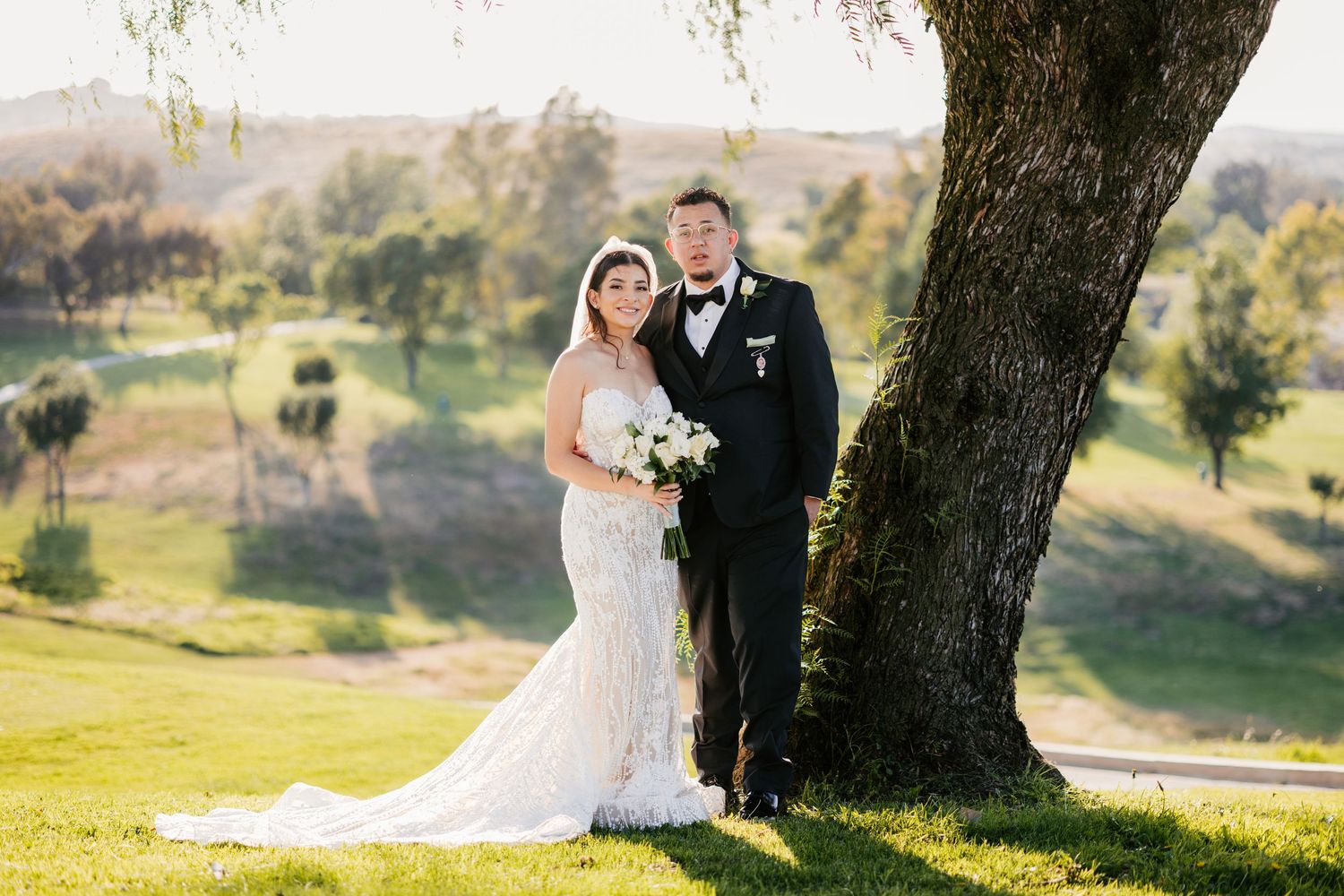 A wedding couple poses beneath a majestic tree on a hillside during sunset.