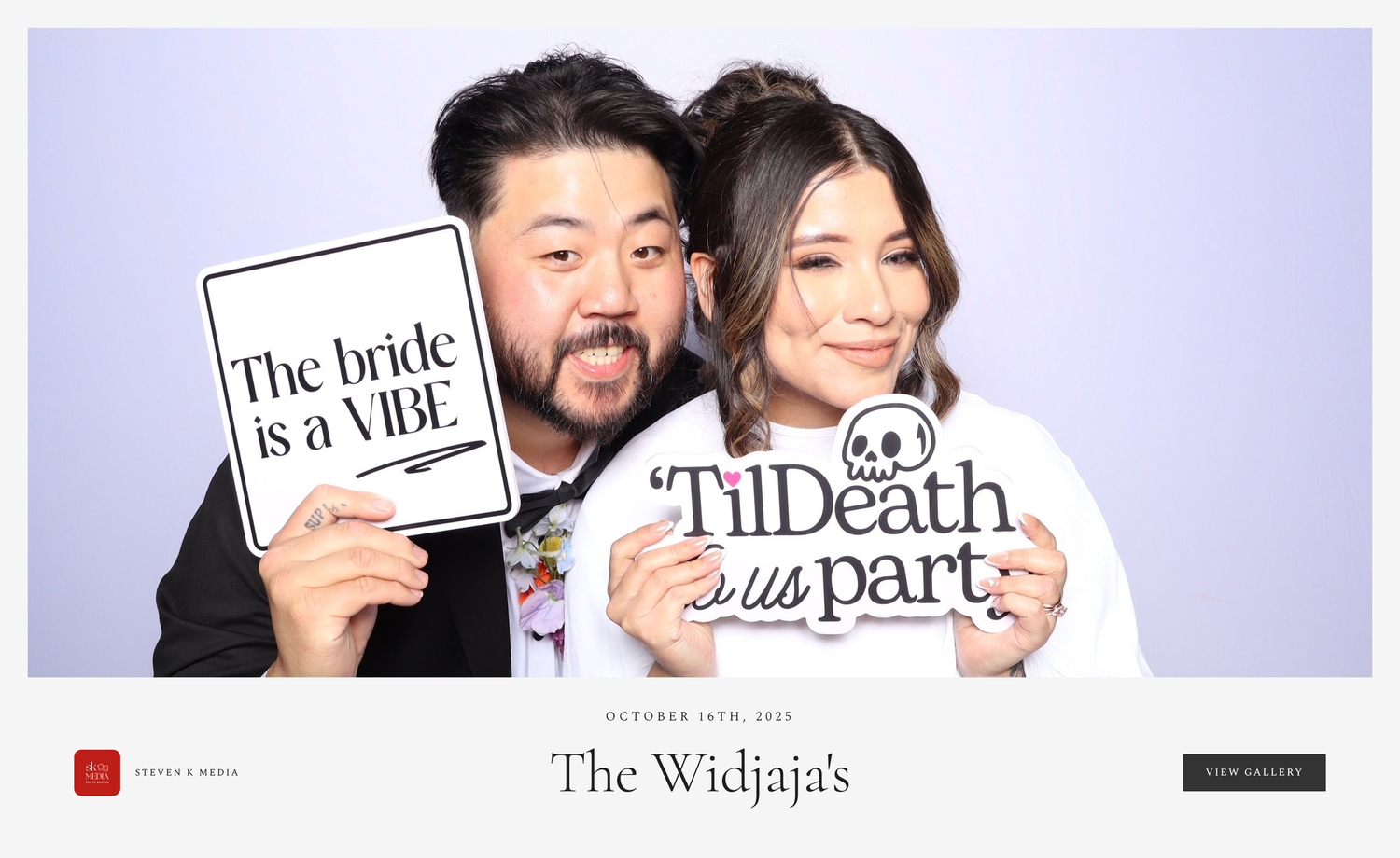 A series of five black and white photo booth style images showing playful poses with props and signs.