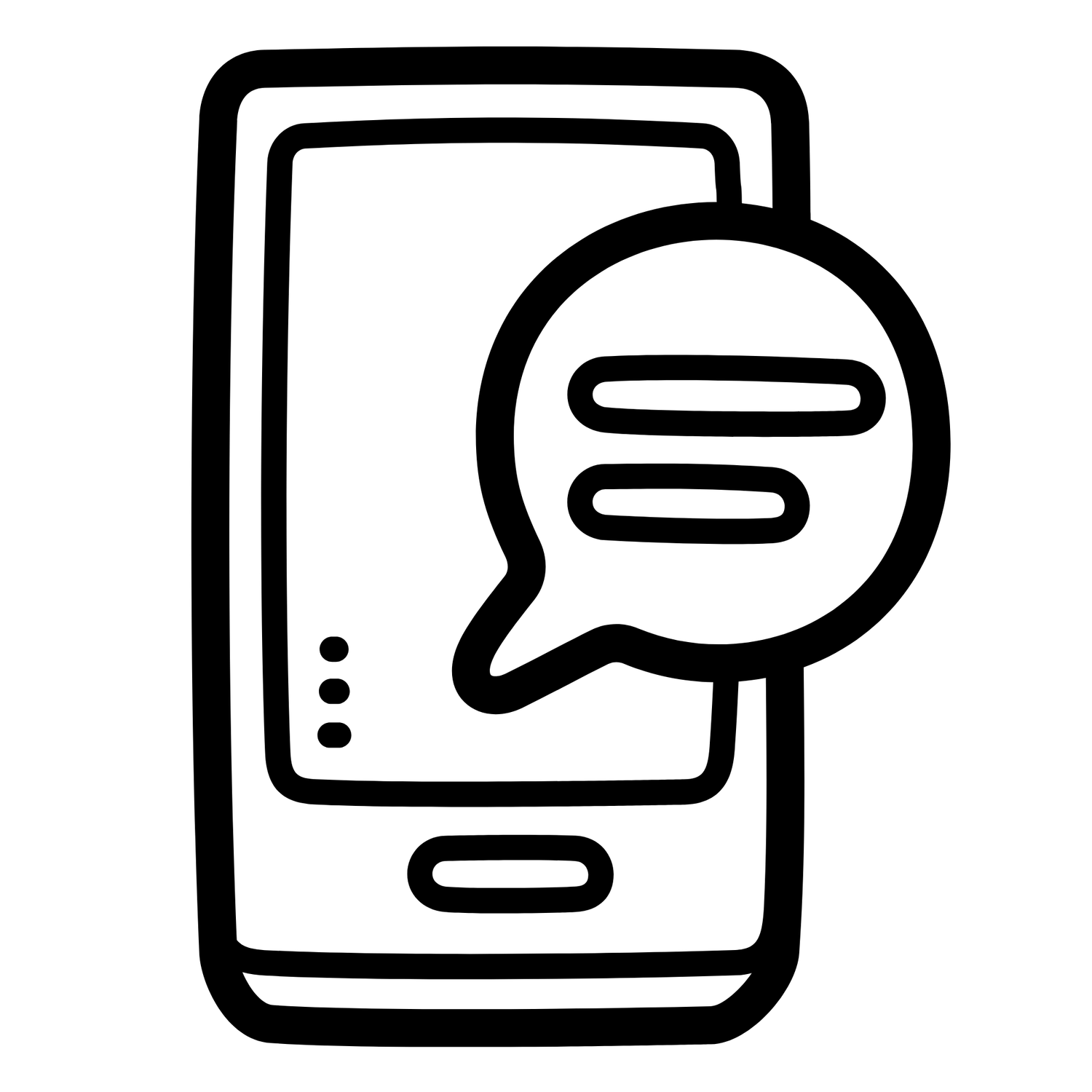 Black and white icon of a smartphone with a speech bubble chat message notification symbol.