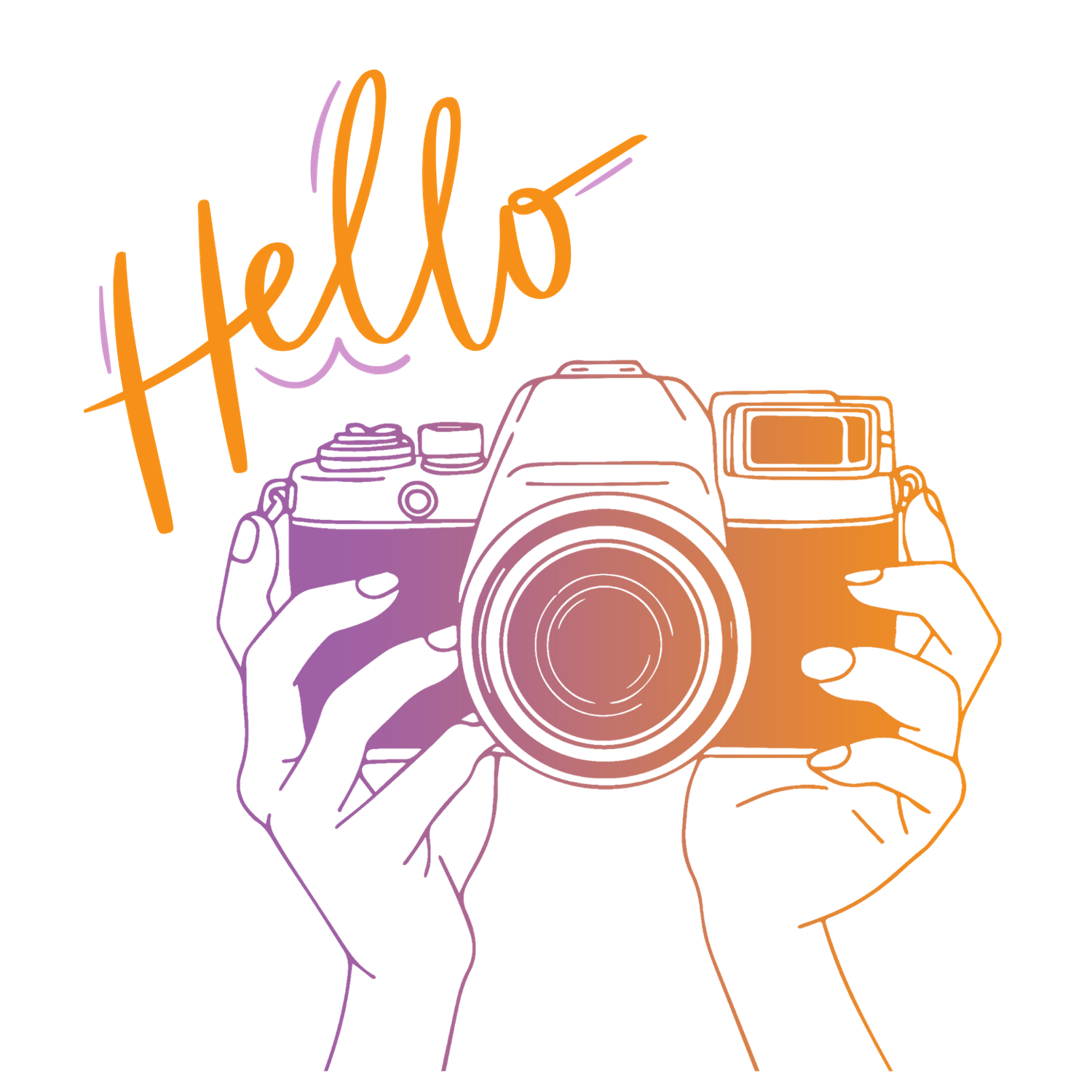 Illustrated hands holding a camera with Hello written in orange script above it.