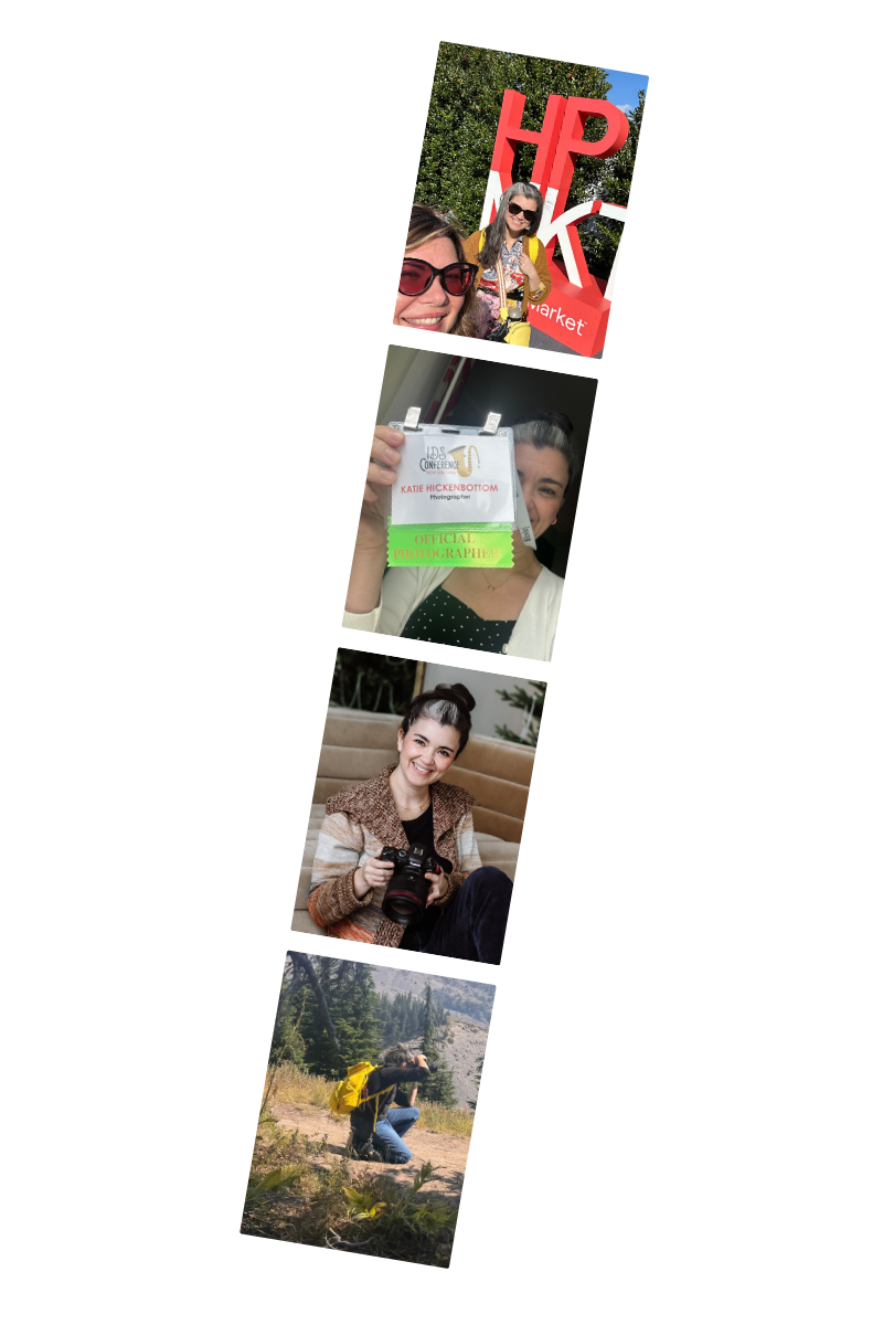 Vertical collage of four photos showing a female photographer at events and outdoor mountain locations.
