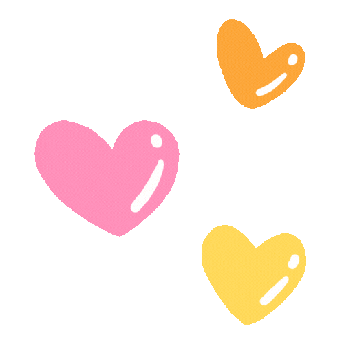 Three colorful hearts in pink, orange, and yellow on a white background.