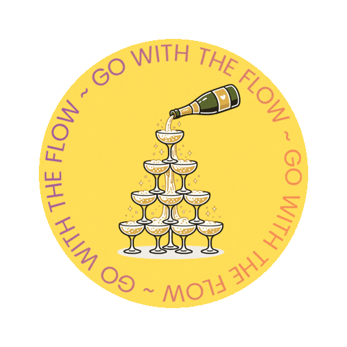 Yellow circular badge with champagne tower illustration and Go With The Flow text around the border.