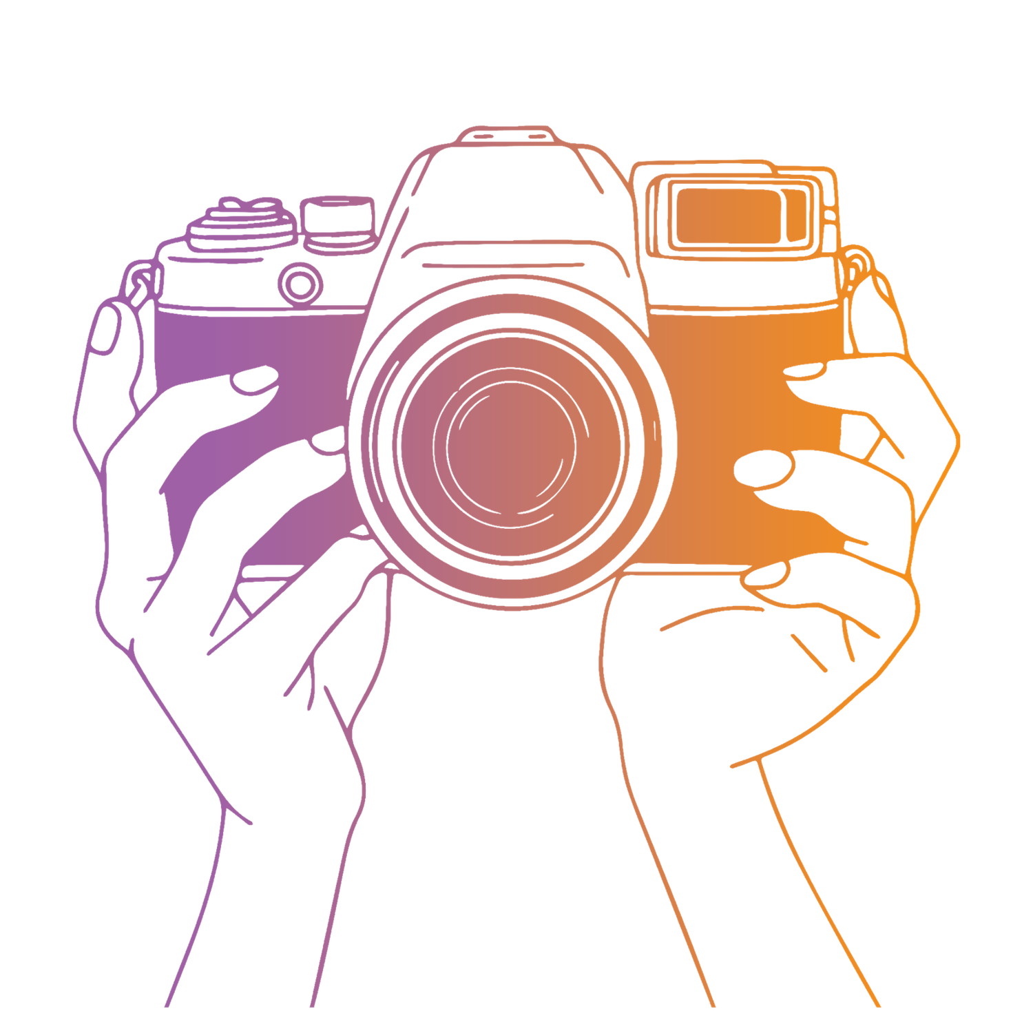 Gradient illustration of two hands holding a vintage DSLR camera in purple and orange tones.