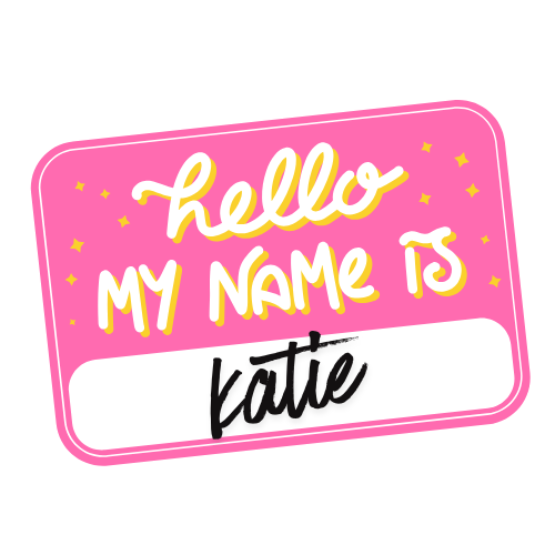 Pink hello my name is Katie name tag sticker design with decorative typography and yellow star accents.