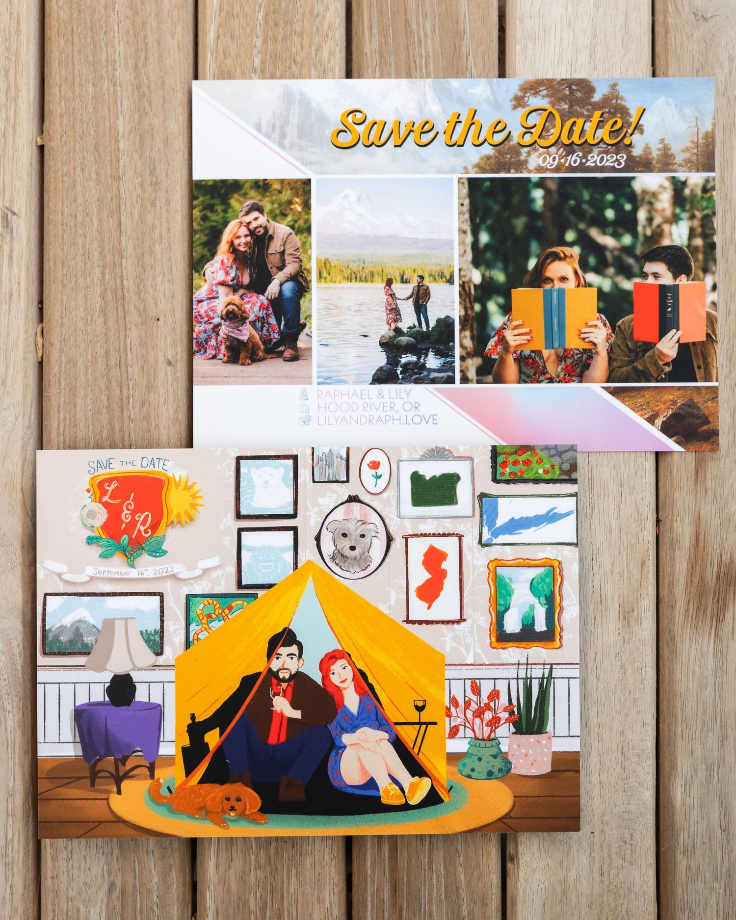 A colorful illustrated save-the-date card featuring a couple in a tent alongside real engagement photos.