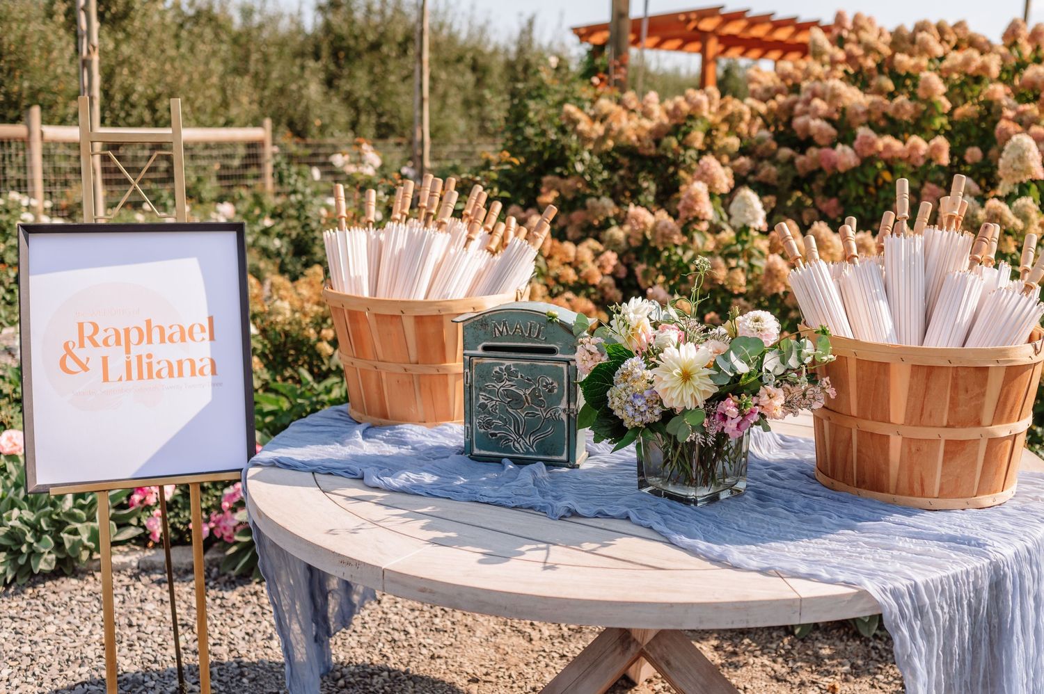 Outdoor wedding welcome table with white parasols in baskets, floral centerpiece, and Raphael and Liliana sign.