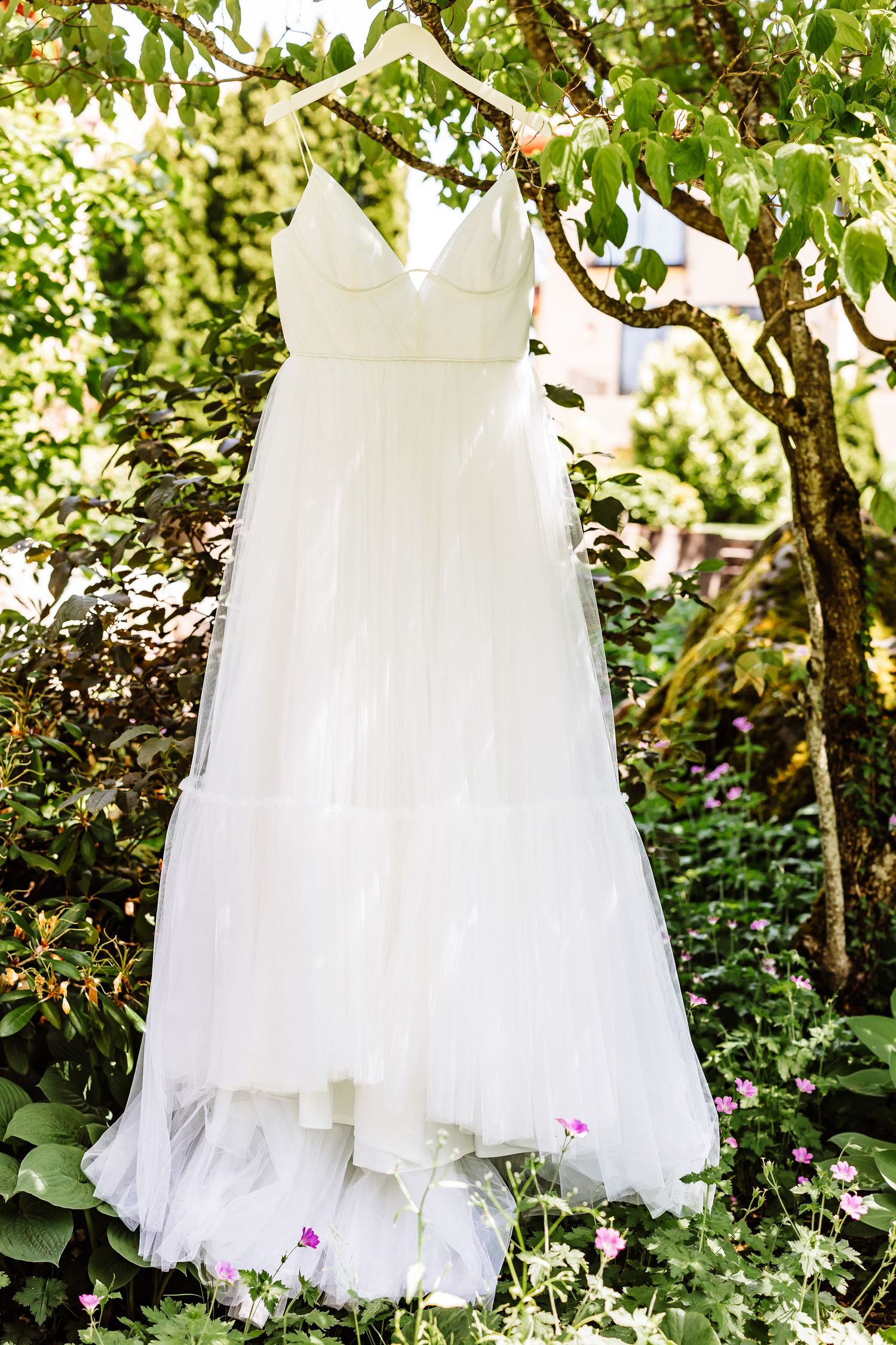 A strapless white tulle wedding gown hanging from a tree branch surrounded by lush green foliage.