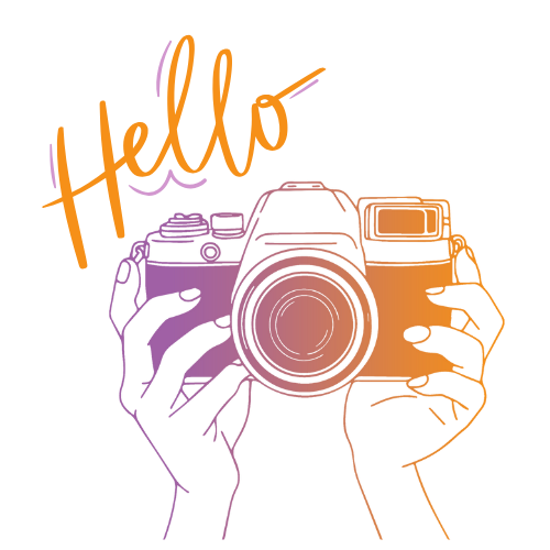 Illustrated hands holding a camera with Hello written in orange script above it.
