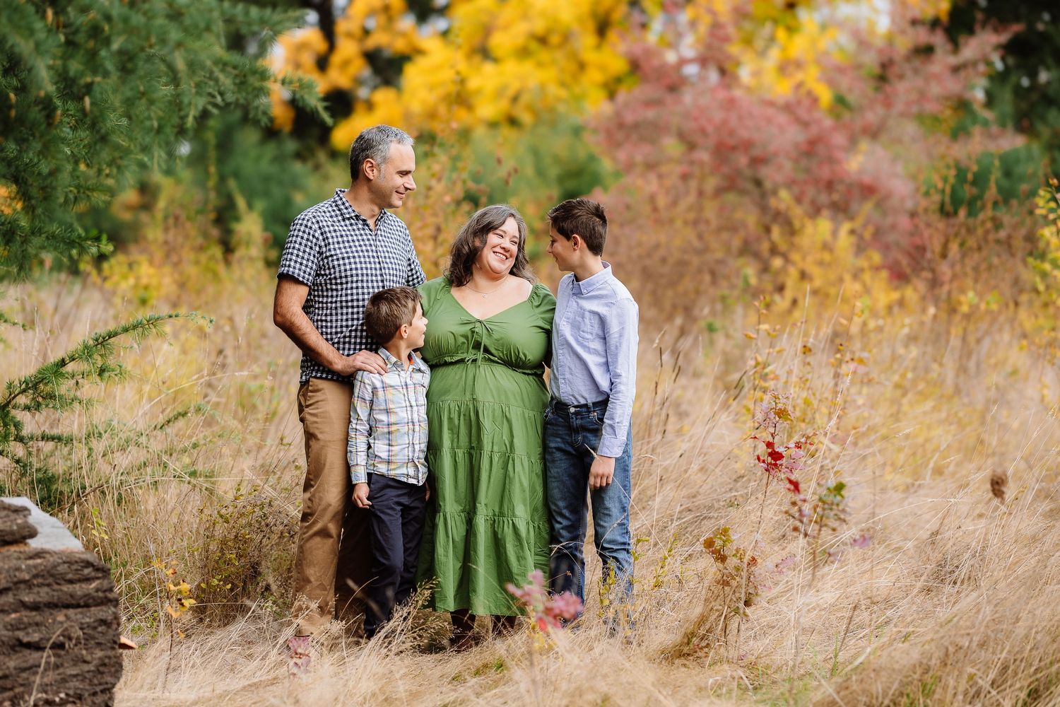 Family of four posing together in autumn park with colorful fall foliage and golden grass backdrop.